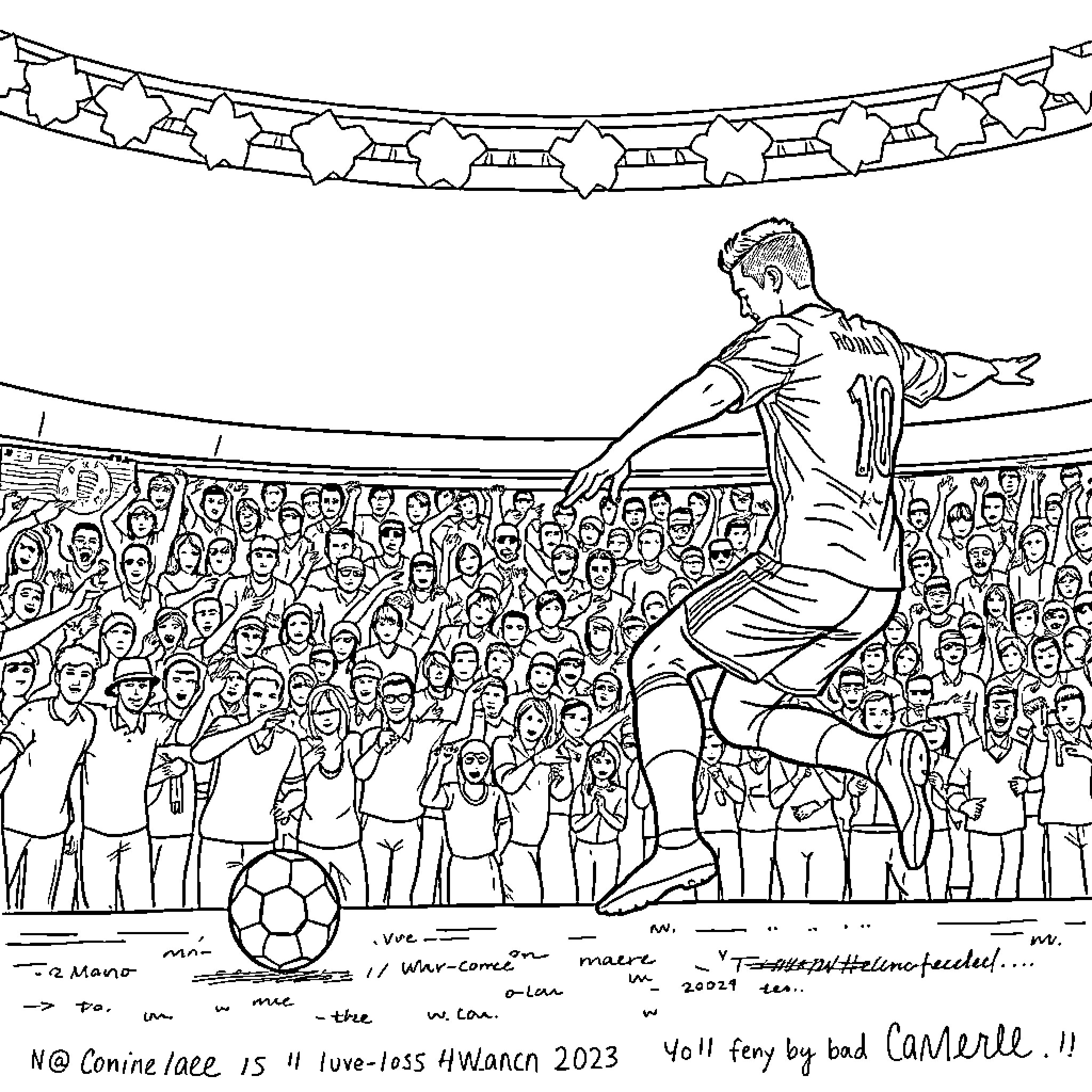 Cristiano Ronaldo in action during a football match Coloring Page (free black-and-white line drawing printable PDF for all, from beginners to advanced learners, including children, teens, adults, and seniors)