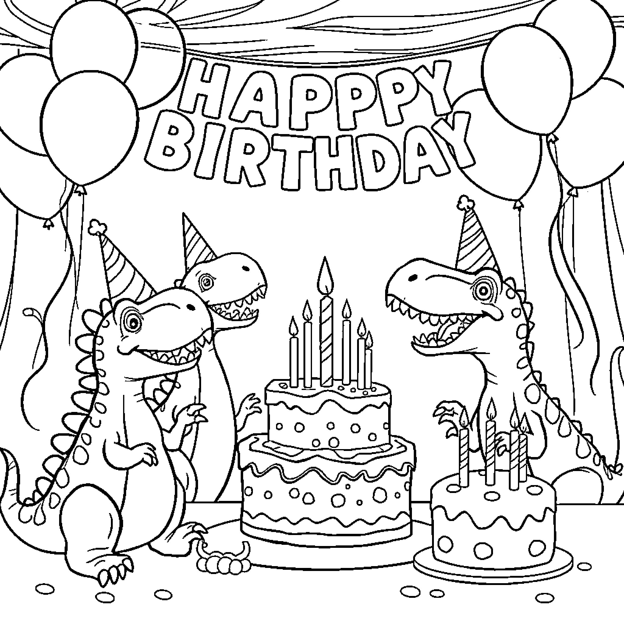 Dinosaur Birthday Party with Cake and Balloons Coloring Page (free black-and-white line drawing printable PDF for all, from beginners to advanced learners, including children, teens, adults, and seniors)