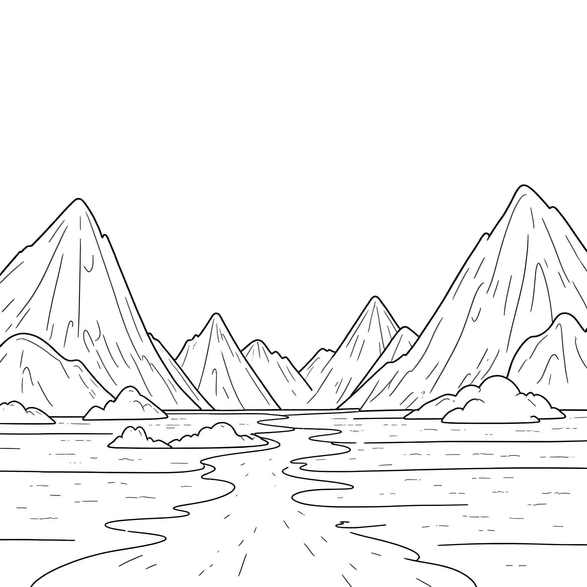 Minecraft landscape with mountainous terrain Coloring Page (free black-and-white line drawing printable PDF for all, from beginners to advanced learners, including children, teens, adults, and seniors)
