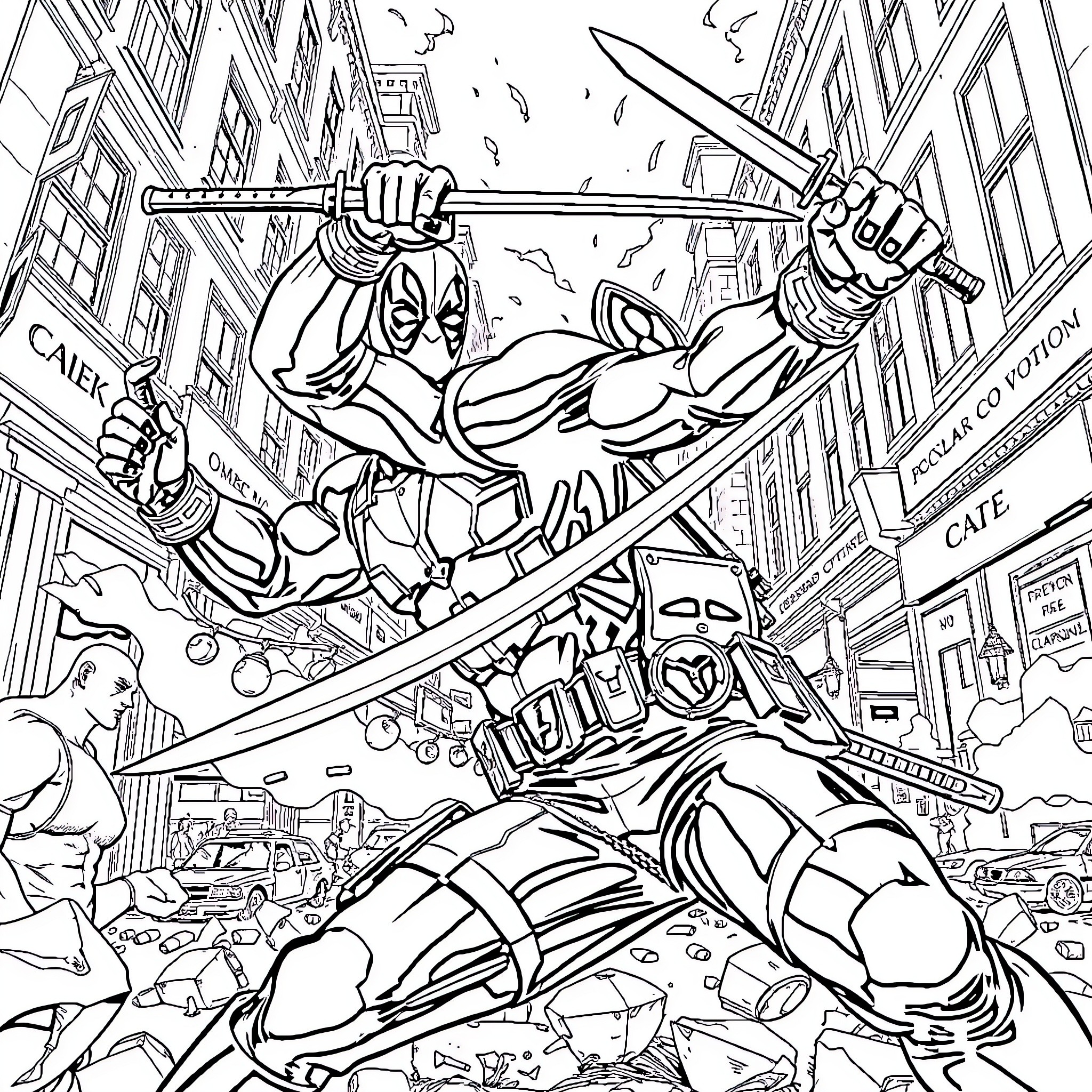 Deadpool's Action-Packed City Rampage Coloring Page (free black-and-white line drawing printable PDF for all, from beginners to advanced learners, including children, teens, adults, and seniors)