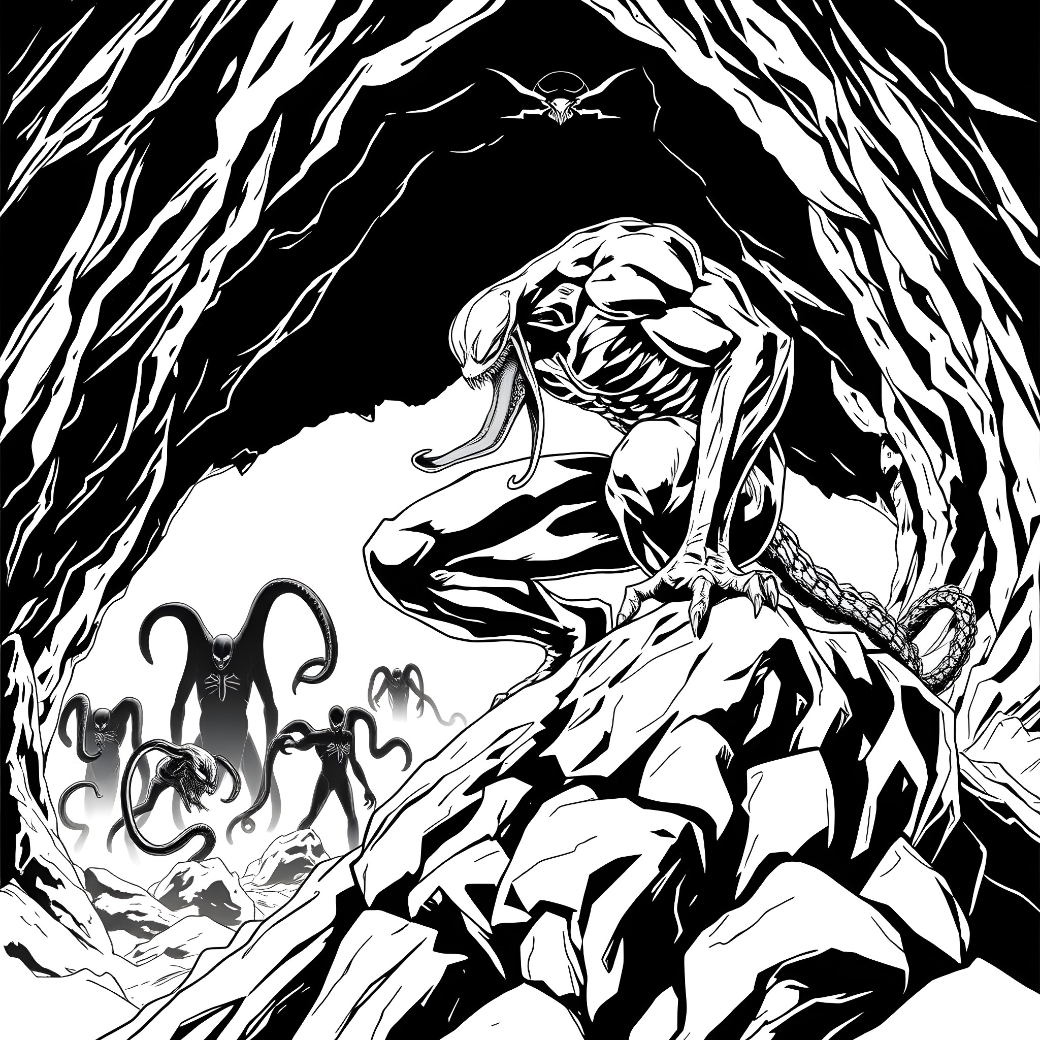 Venom's Lair: Symbiote Emergence Coloring Page (free black-and-white line drawing printable PDF for all, from beginners to advanced learners, including children, teens, adults, and seniors)