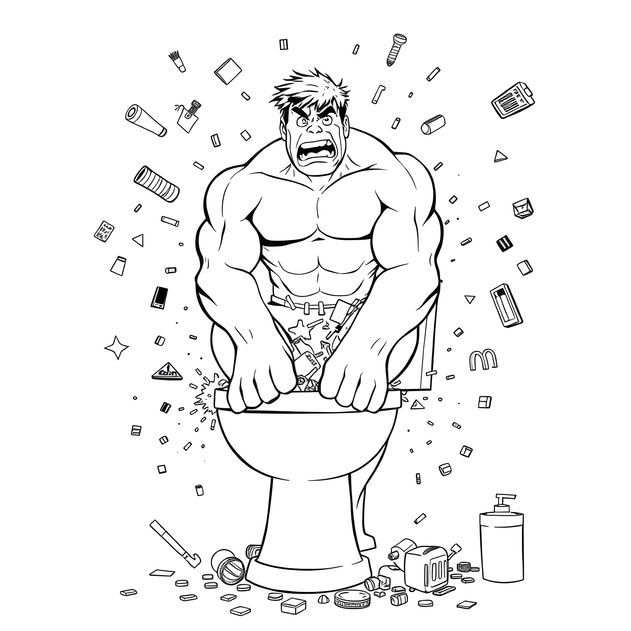Hulk Unleashing Rage in the Bathroom Coloring Page (free black-and-white line drawing printable PDF for all, from beginners to advanced learners, including children, teens, adults, and seniors)