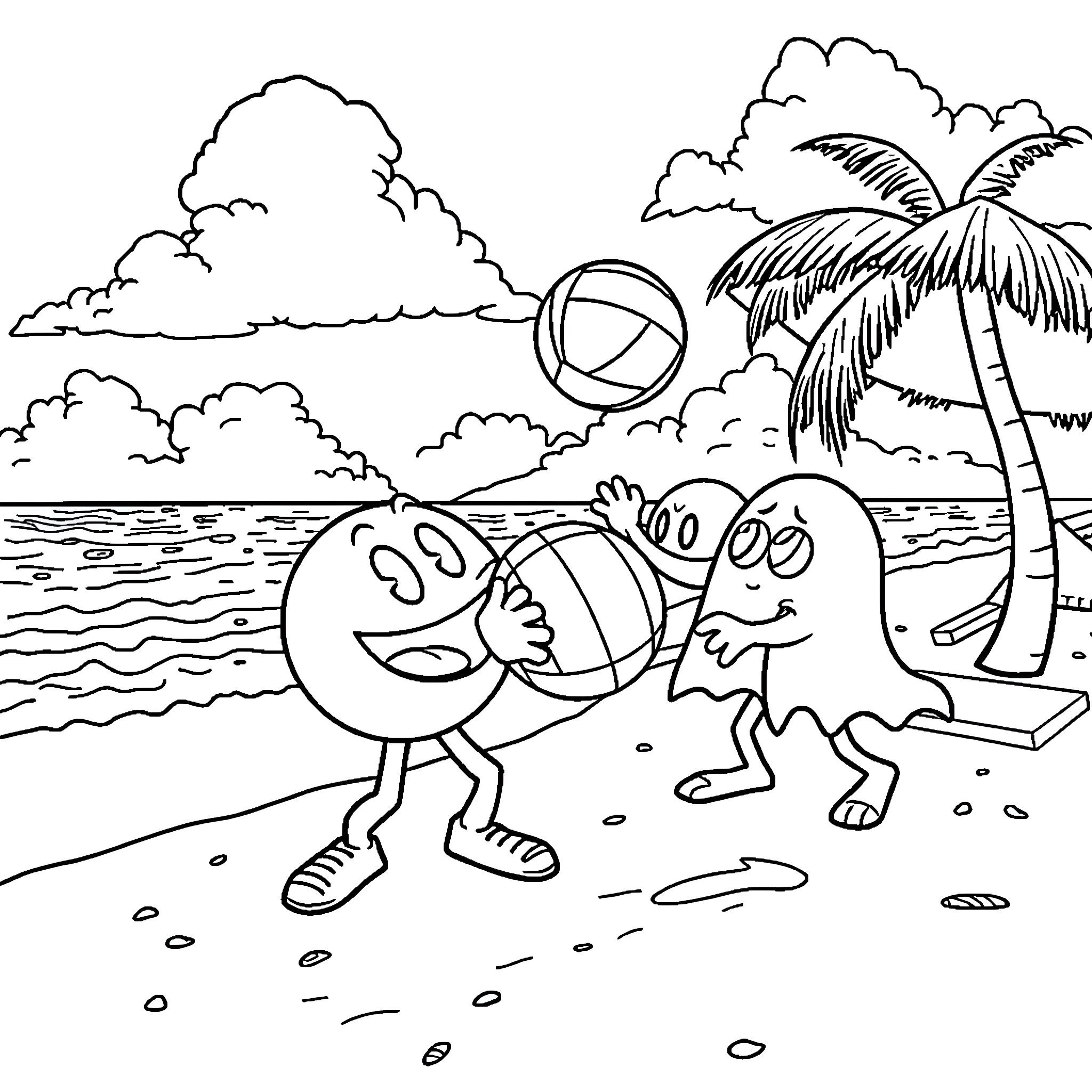 Pacman characters enjoying a day at the beach Coloring Page (free black-and-white line drawing printable PDF for all, from beginners to advanced learners, including children, teens, adults, and seniors)
