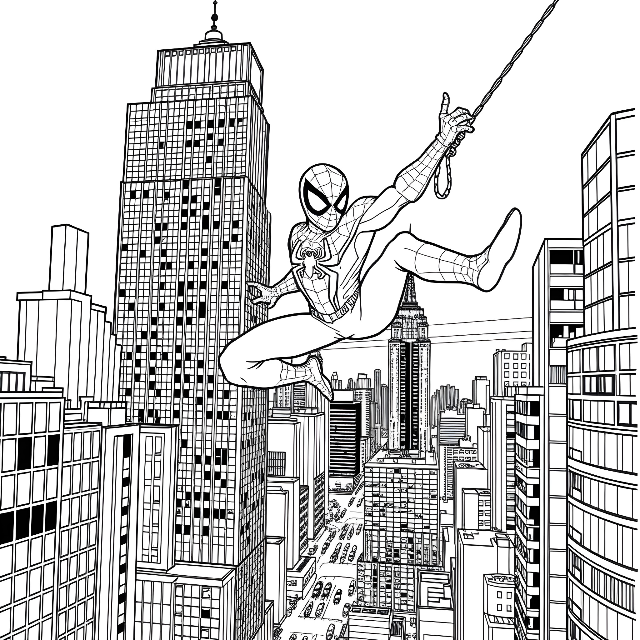 Spiderman swinging high above the city skyline Coloring Page (free black-and-white line drawing printable PDF for all, from beginners to advanced learners, including children, teens, adults, and seniors)