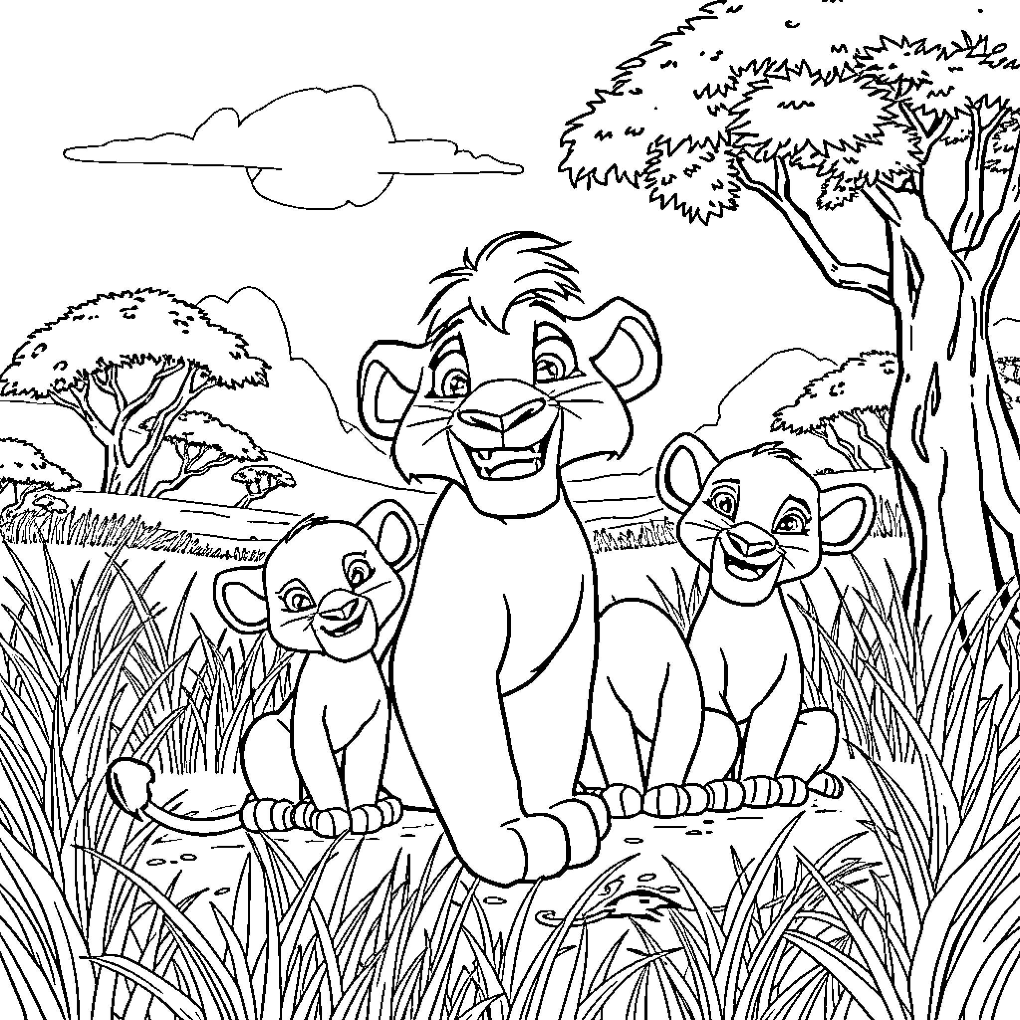 Kion surrounded by adorable lion cubs in the wild Coloring Page (free black-and-white line drawing printable PDF for all, from beginners to advanced learners, including children, teens, adults, and seniors)