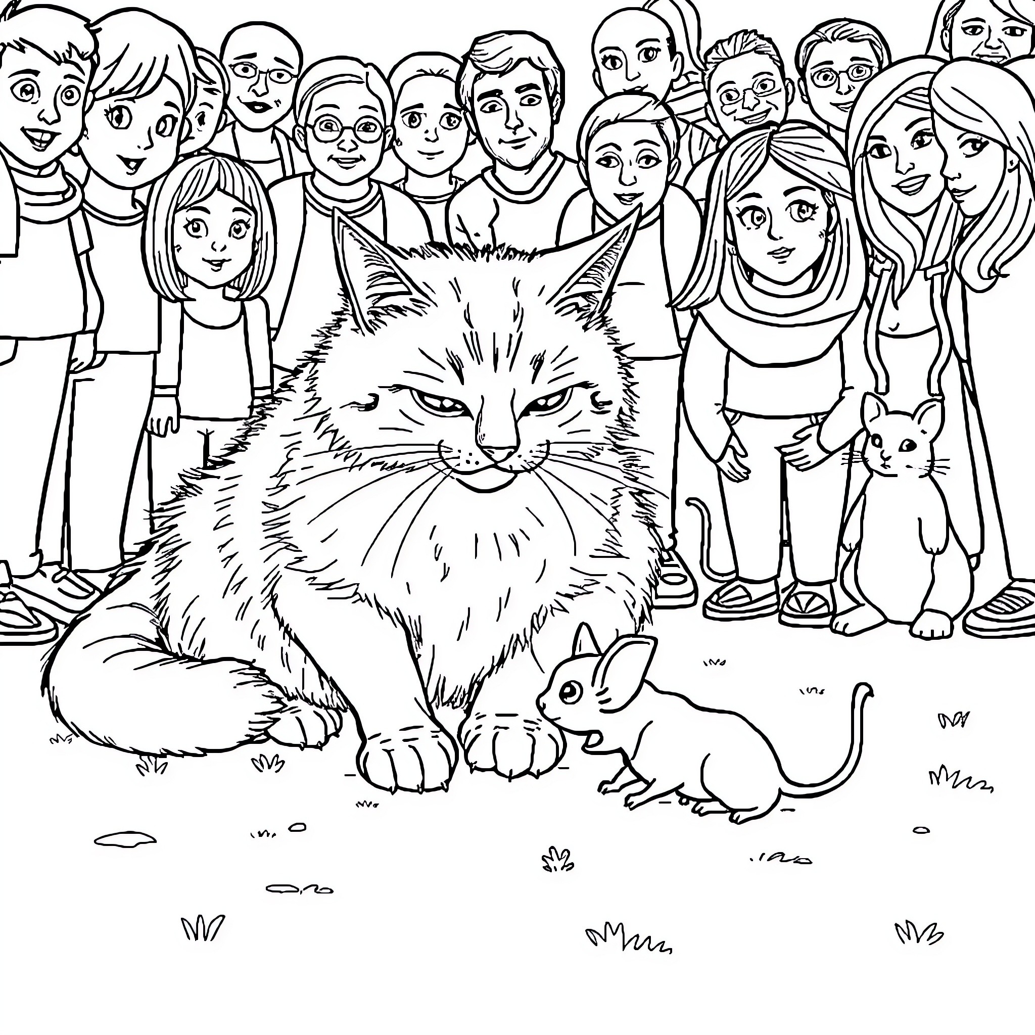 Cat Surrounded by a Crowd of People and Pets Coloring Page (free black-and-white line drawing printable PDF for all, from beginners to advanced learners, including children, teens, adults, and seniors)