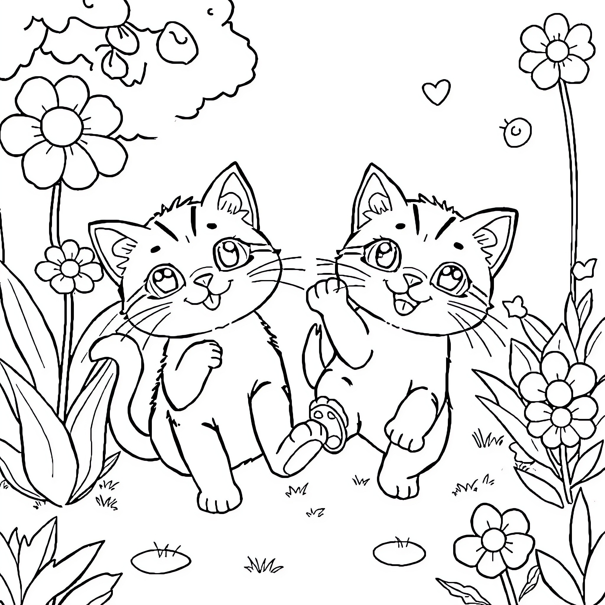 Kittens playing in the garden Coloring Page (free black-and-white line drawing printable PDF for all, from beginners to advanced learners, including children, teens, adults, and seniors)