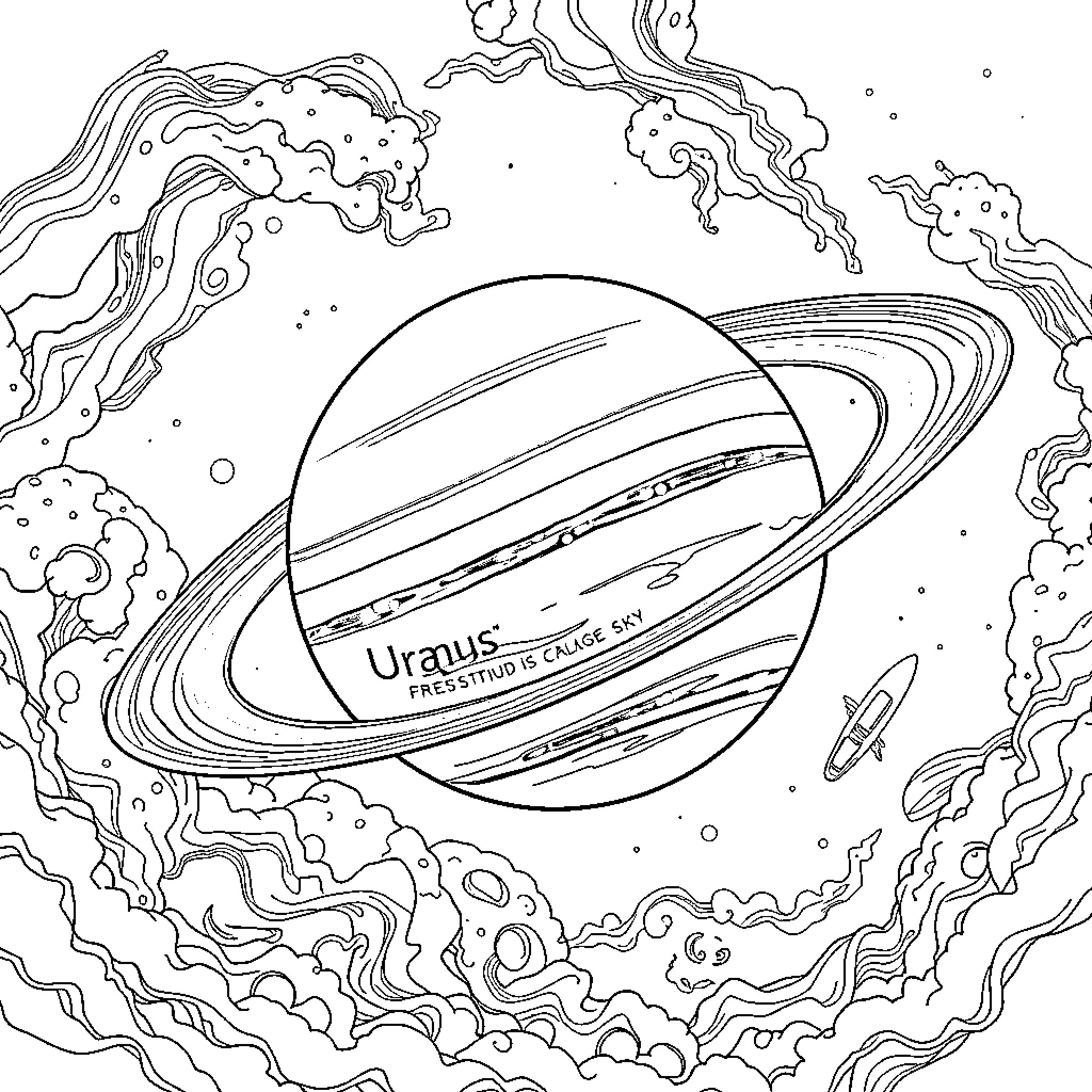 Uranus planet in the cosmic atmosphere Coloring Page (free black-and-white line drawing printable PDF for all, from beginners to advanced learners, including children, teens, adults, and seniors)