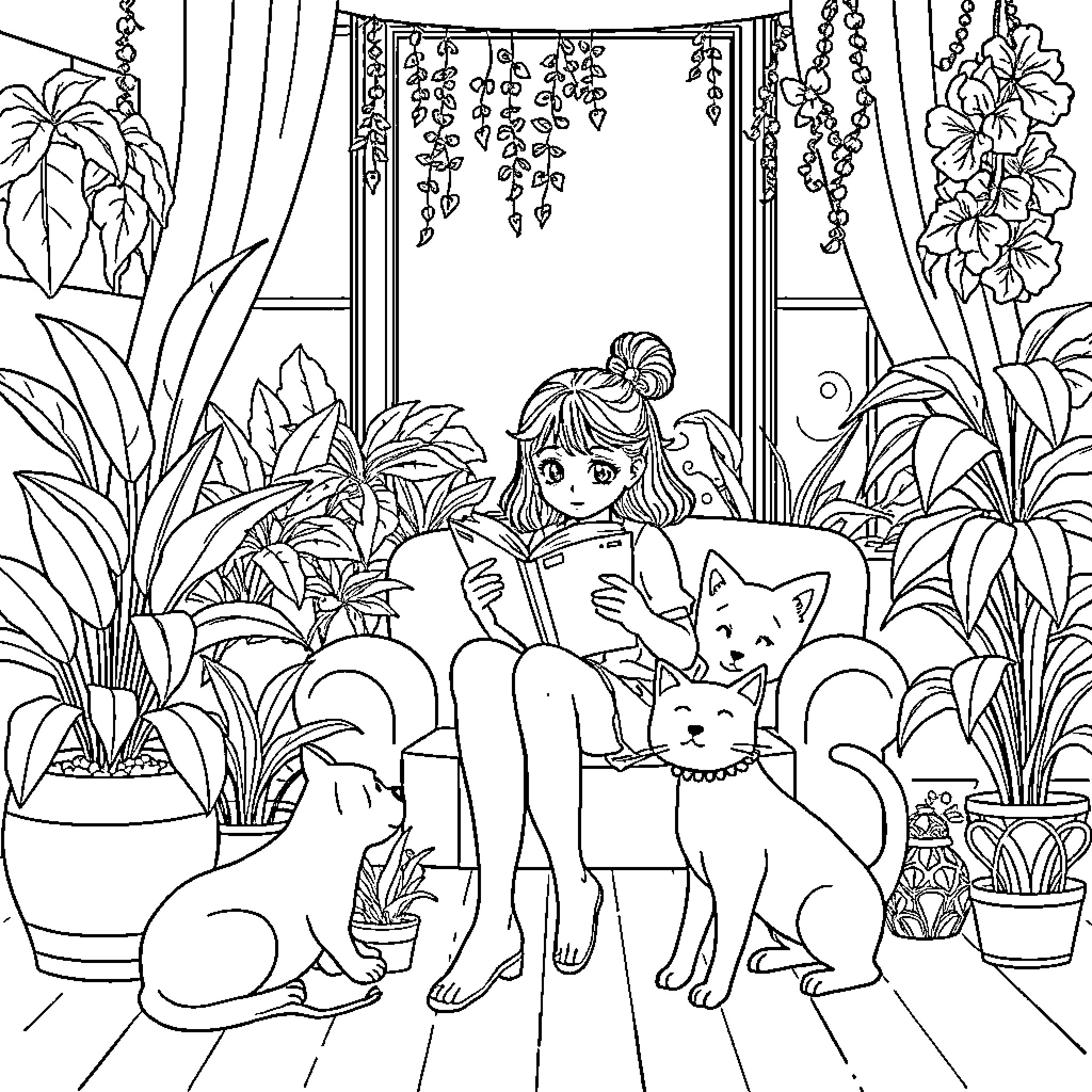 Girl relaxing with her cats in a cozy greenhouse Coloring Page (free black-and-white line drawing printable PDF for all, from beginners to advanced learners, including children, teens, adults, and seniors)