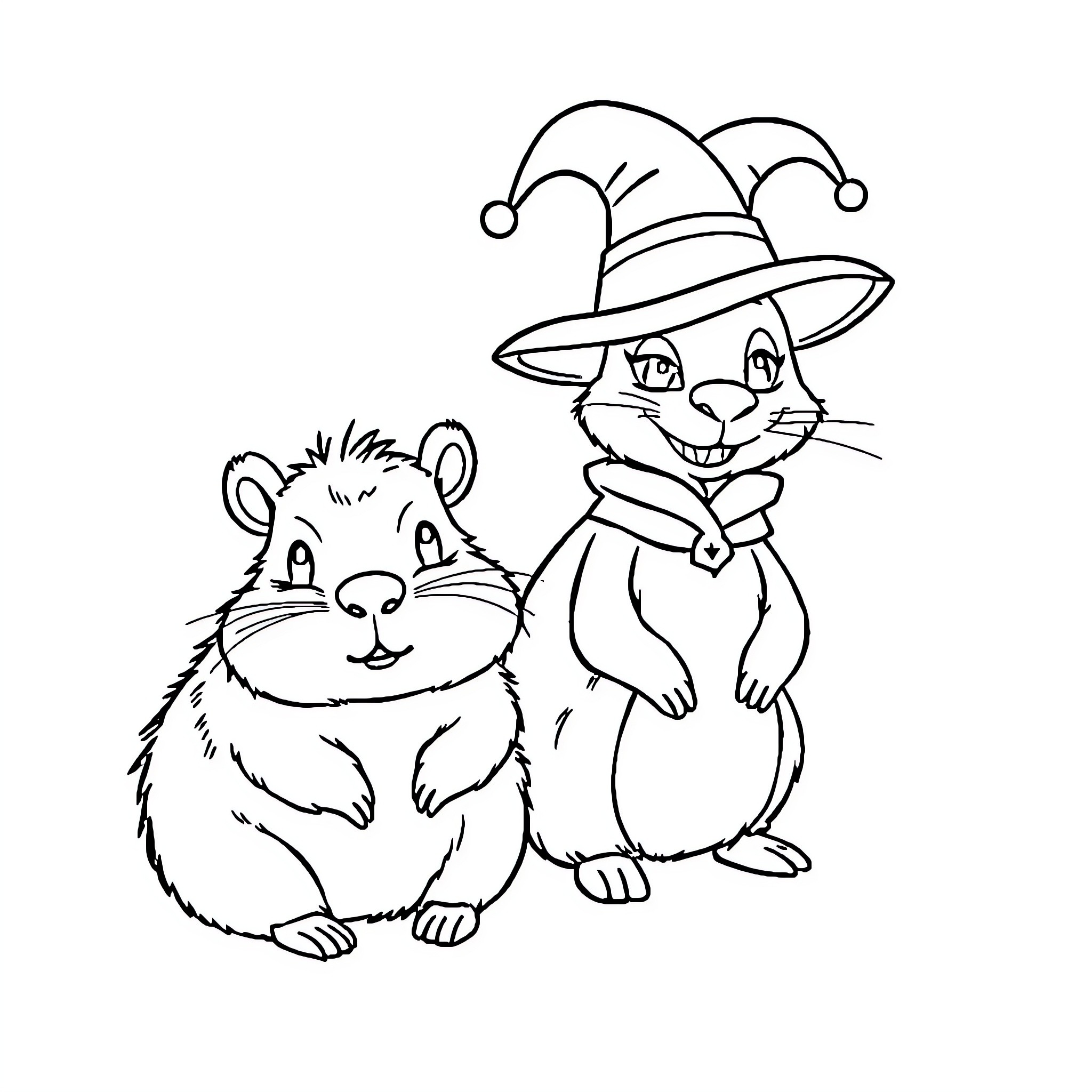Capybara and Jester Bunny in Playful Interaction Coloring Page (free black-and-white line drawing printable PDF for all, from beginners to advanced learners, including children, teens, adults, and seniors)