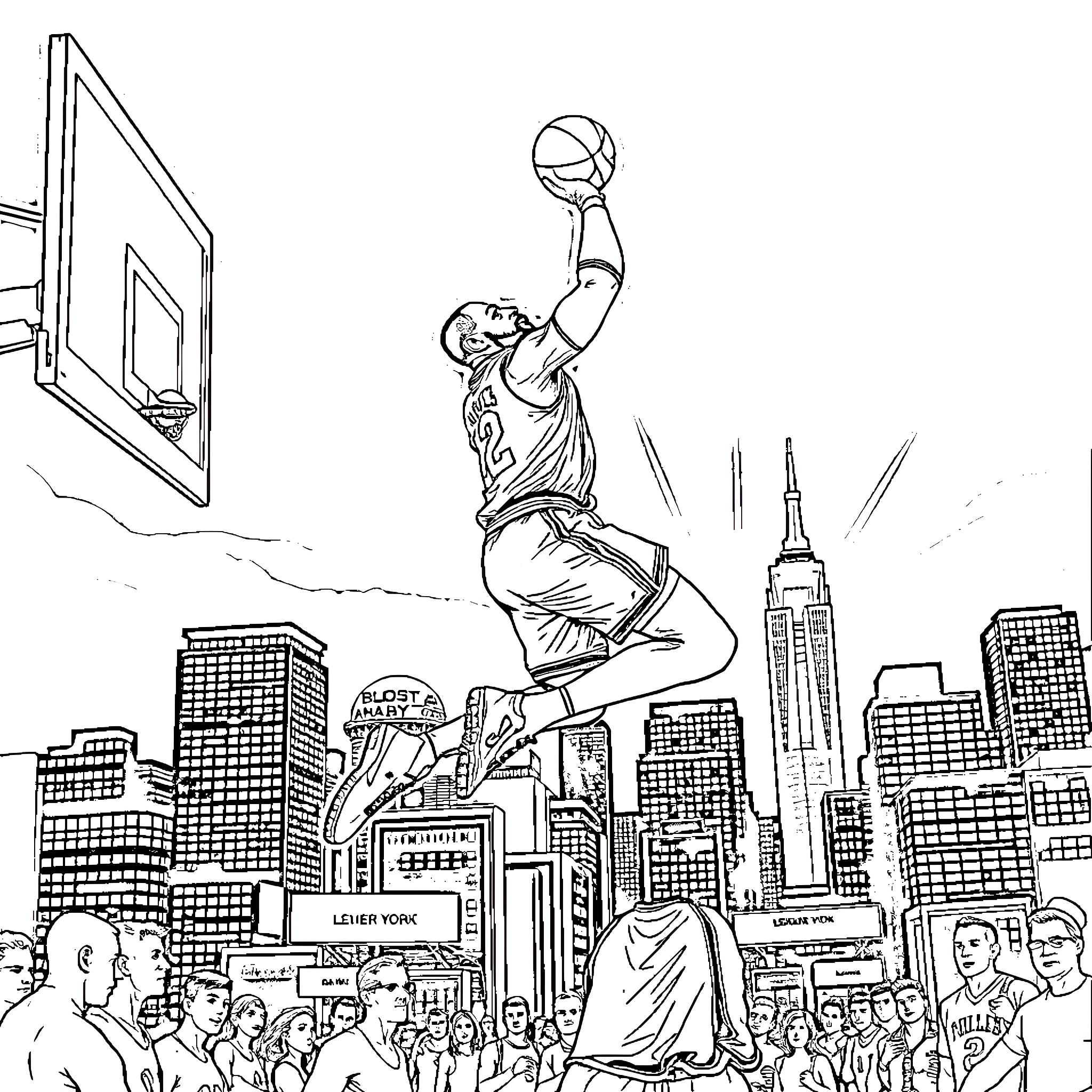 LeBron James soaring for a slam dunk in the city Coloring Page (free black-and-white line drawing printable PDF for all, from beginners to advanced learners, including children, teens, adults, and seniors)