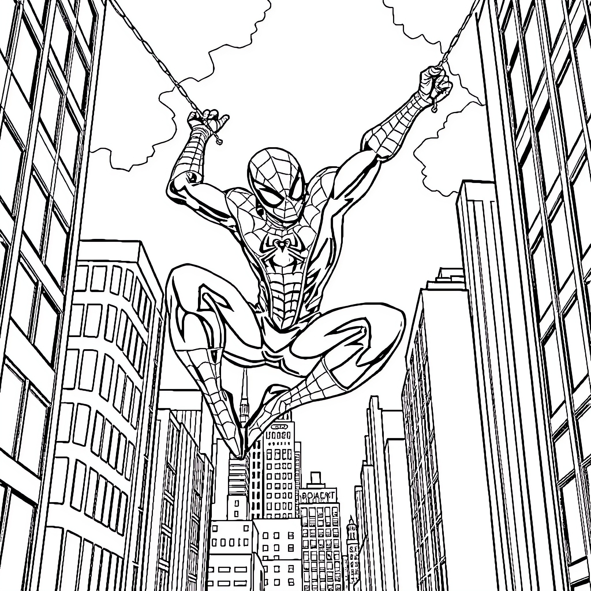 Spider-Man swinging through the city skyline Coloring Page (free black-and-white line drawing printable PDF for all, from beginners to advanced learners, including children, teens, adults, and seniors)