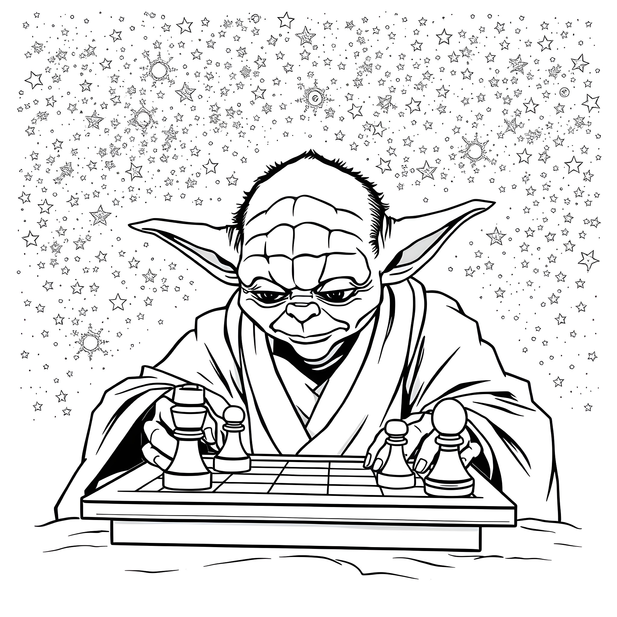 Yoda playing chess under the starry night sky Coloring Page (free black-and-white line drawing printable PDF for all, from beginners to advanced learners, including children, teens, adults, and seniors)