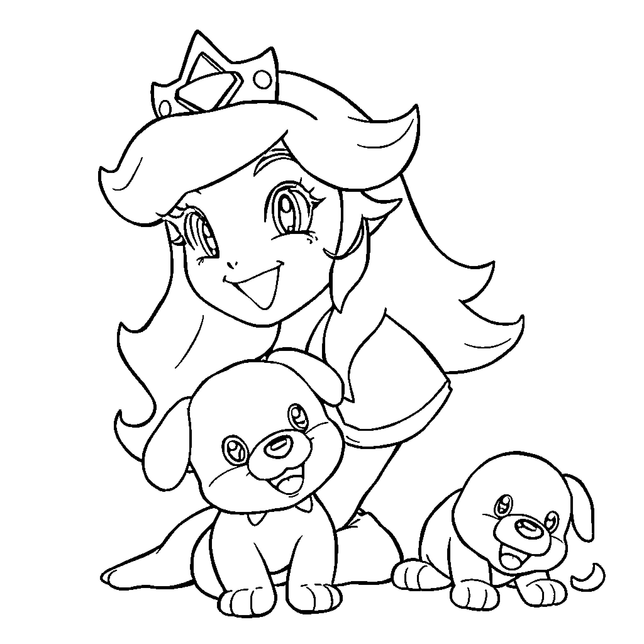 Princess with Puppy Companions Coloring Page (free black-and-white line drawing printable PDF for all, from beginners to advanced learners, including children, teens, adults, and seniors)