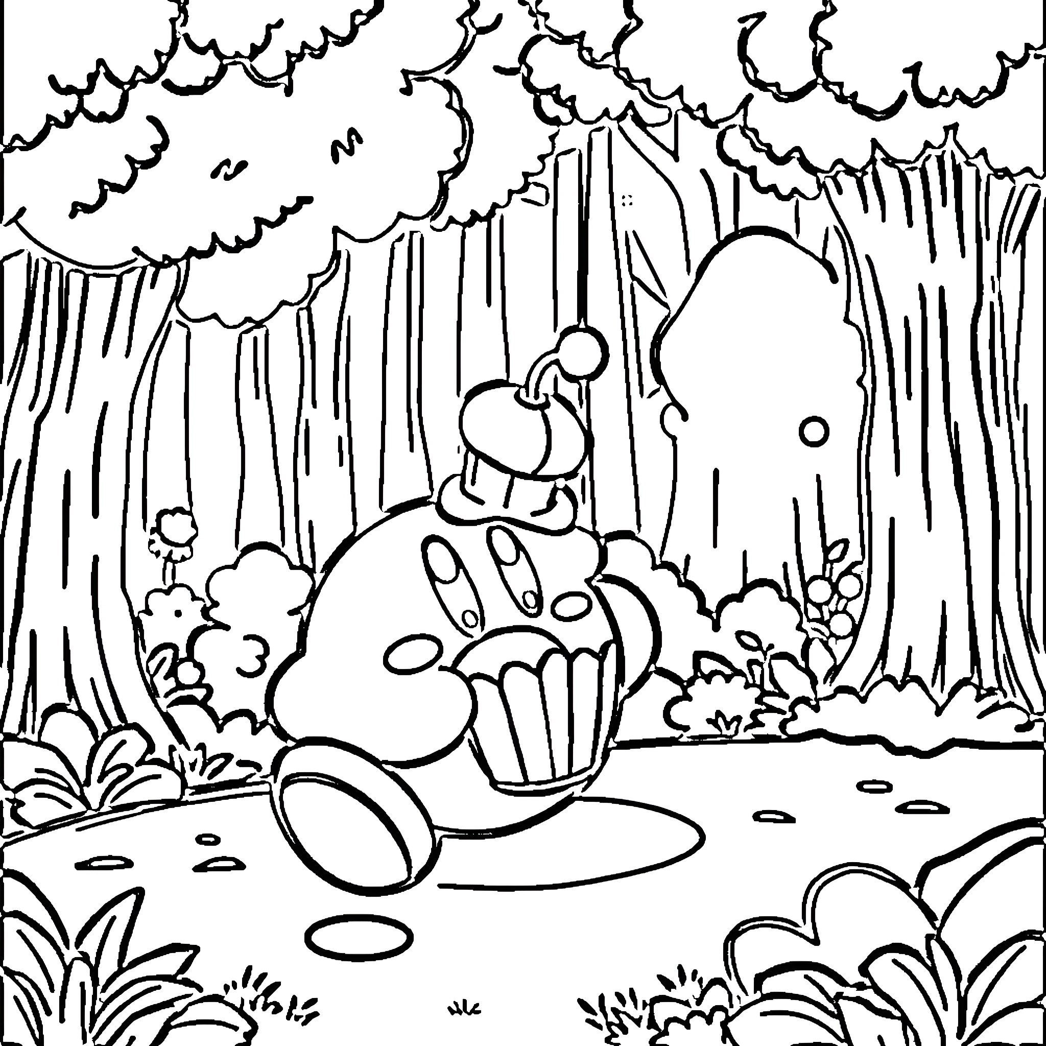 Kirby exploring the enchanted forest Coloring Page (free black-and-white line drawing printable PDF for all, from beginners to advanced learners, including children, teens, adults, and seniors)