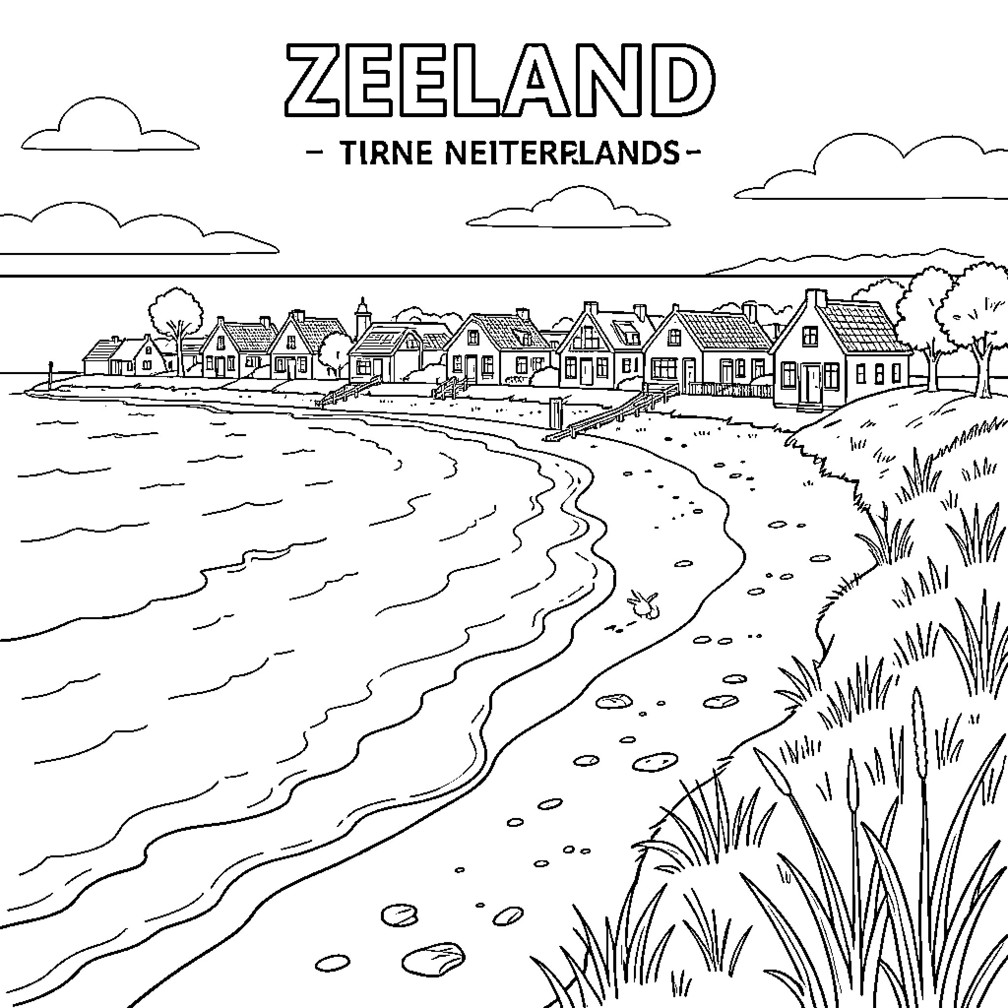 Zeeland coastal village with houses along the shore Coloring Page (free black-and-white line drawing printable PDF for all, from beginners to advanced learners, including children, teens, adults, and seniors)