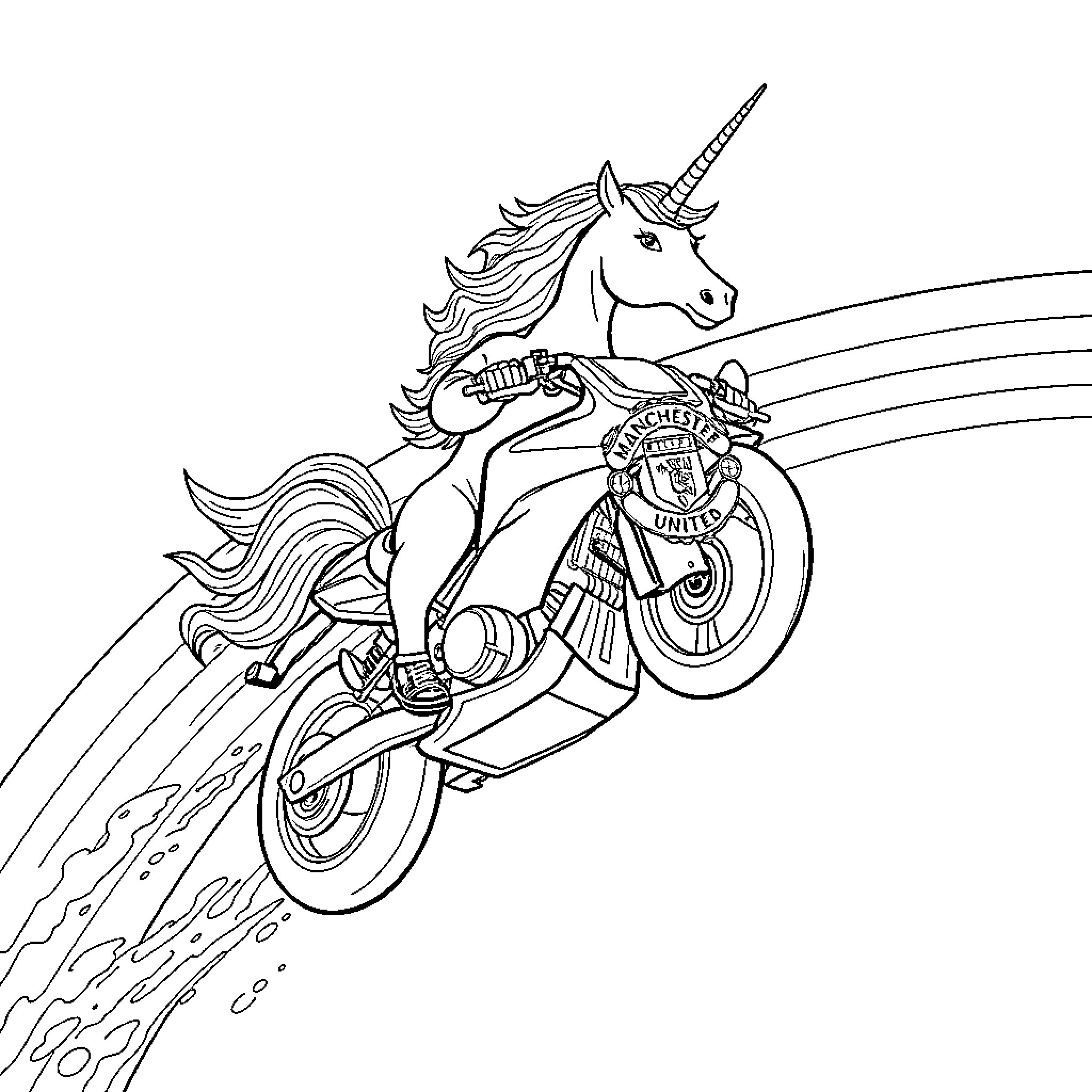 Unicorn riding a motorcycle with rainbow trails Coloring Page (free black-and-white line drawing printable PDF for all, from beginners to advanced learners, including children, teens, adults, and seniors)