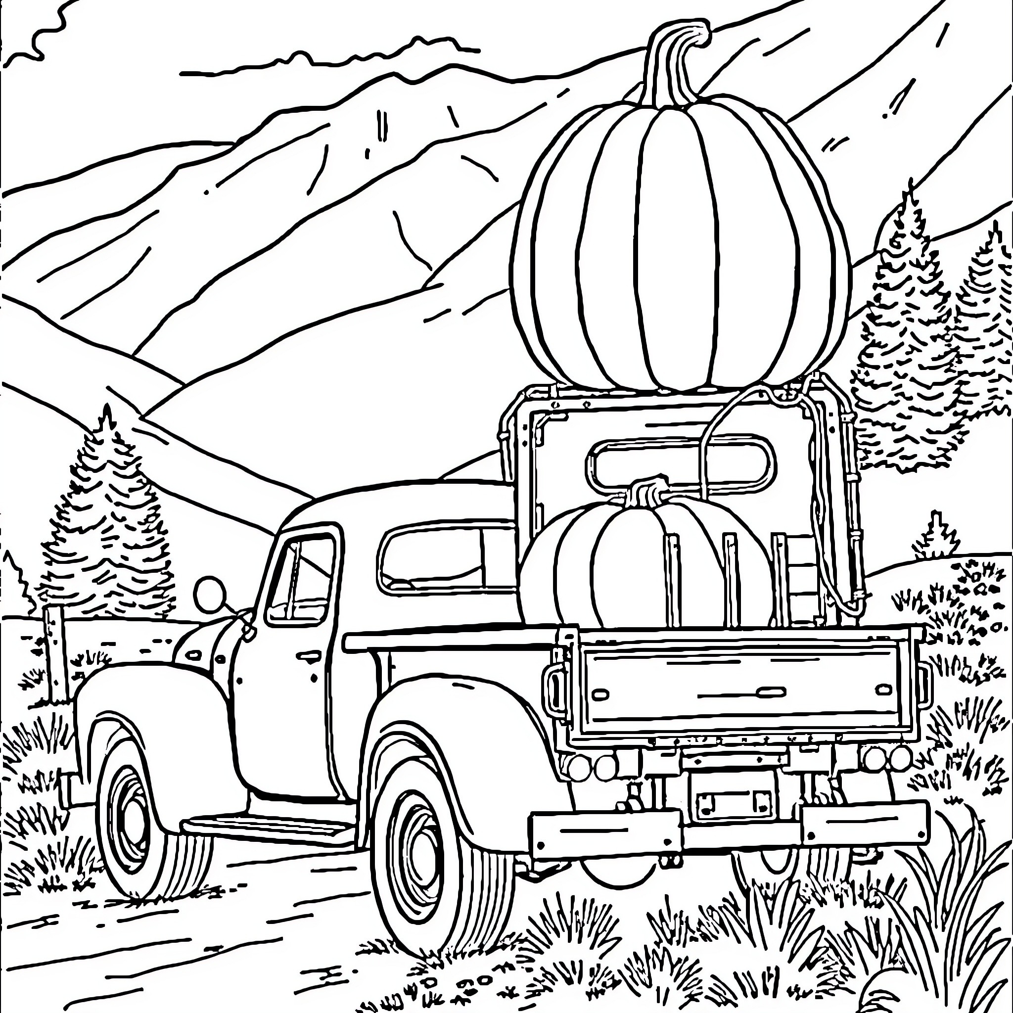 Pumpkin Truck Carrying Large Pumpkin in Scenic Landscape Coloring Page (free black-and-white line drawing printable PDF for all, from beginners to advanced learners, including children, teens, adults, and seniors)
