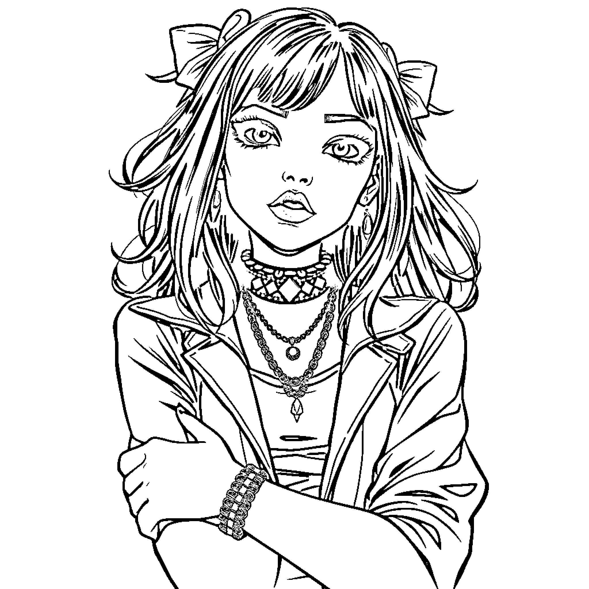 Goth Girl with Dramatic Makeup and Accessories Coloring Page (free black-and-white line drawing printable PDF for all, from beginners to advanced learners, including children, teens, adults, and seniors)