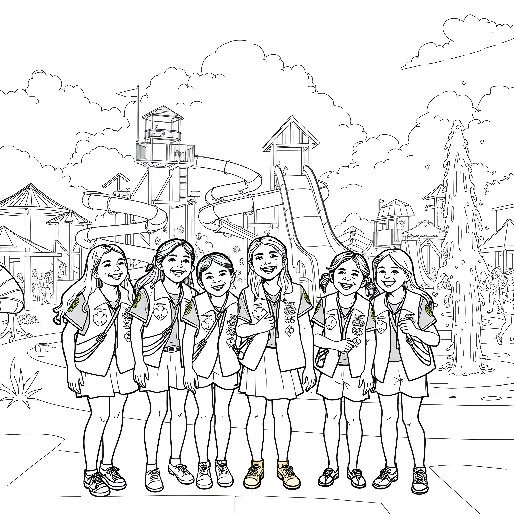 Girl Scouts Enjoying a Fun Outdoor Adventure Coloring Page (free black-and-white line drawing printable PDF for all, from beginners to advanced learners, including children, teens, adults, and seniors)