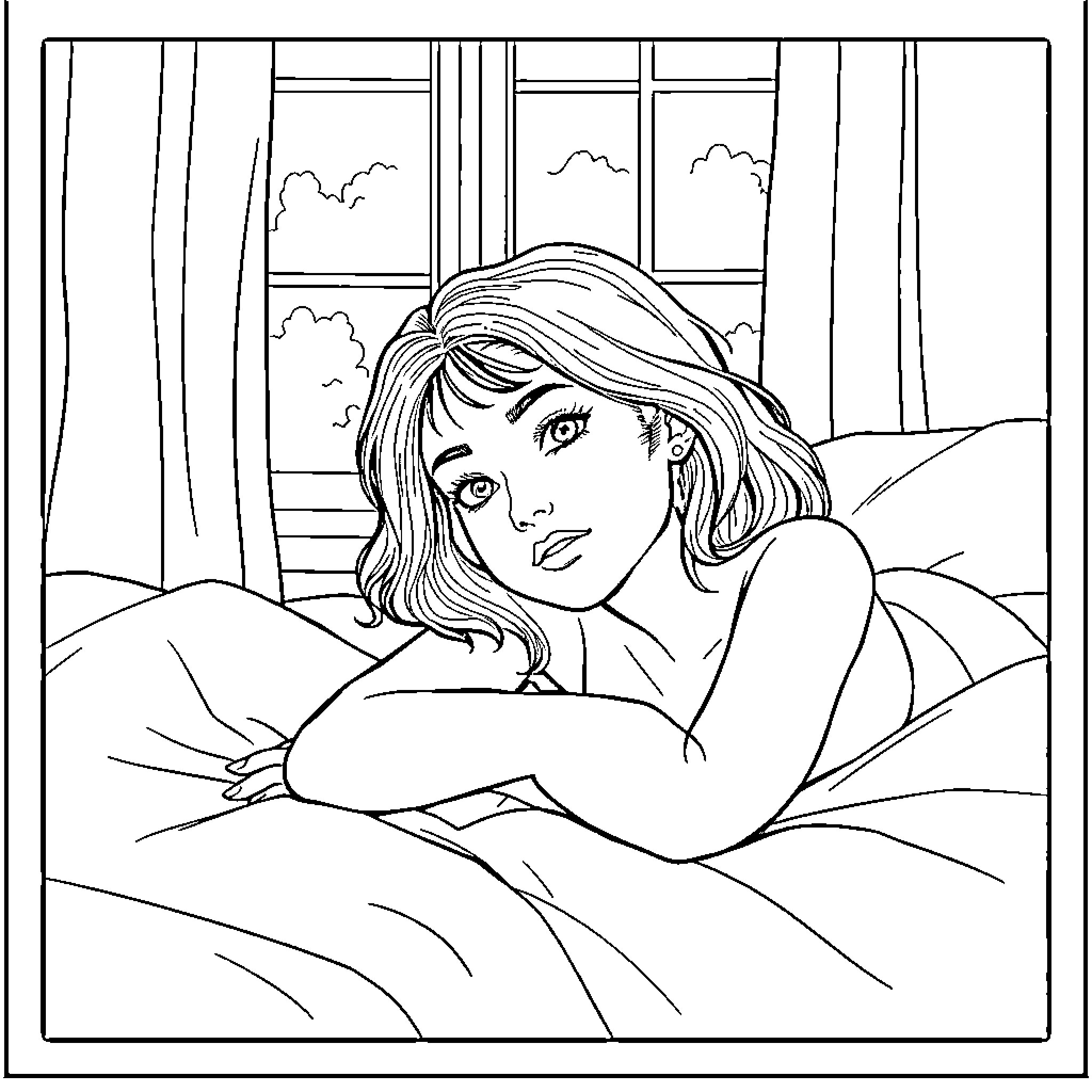 Brunette woman gazing pensively from bed Coloring Page (free black-and-white line drawing printable PDF for all, from beginners to advanced learners, including children, teens, adults, and seniors)