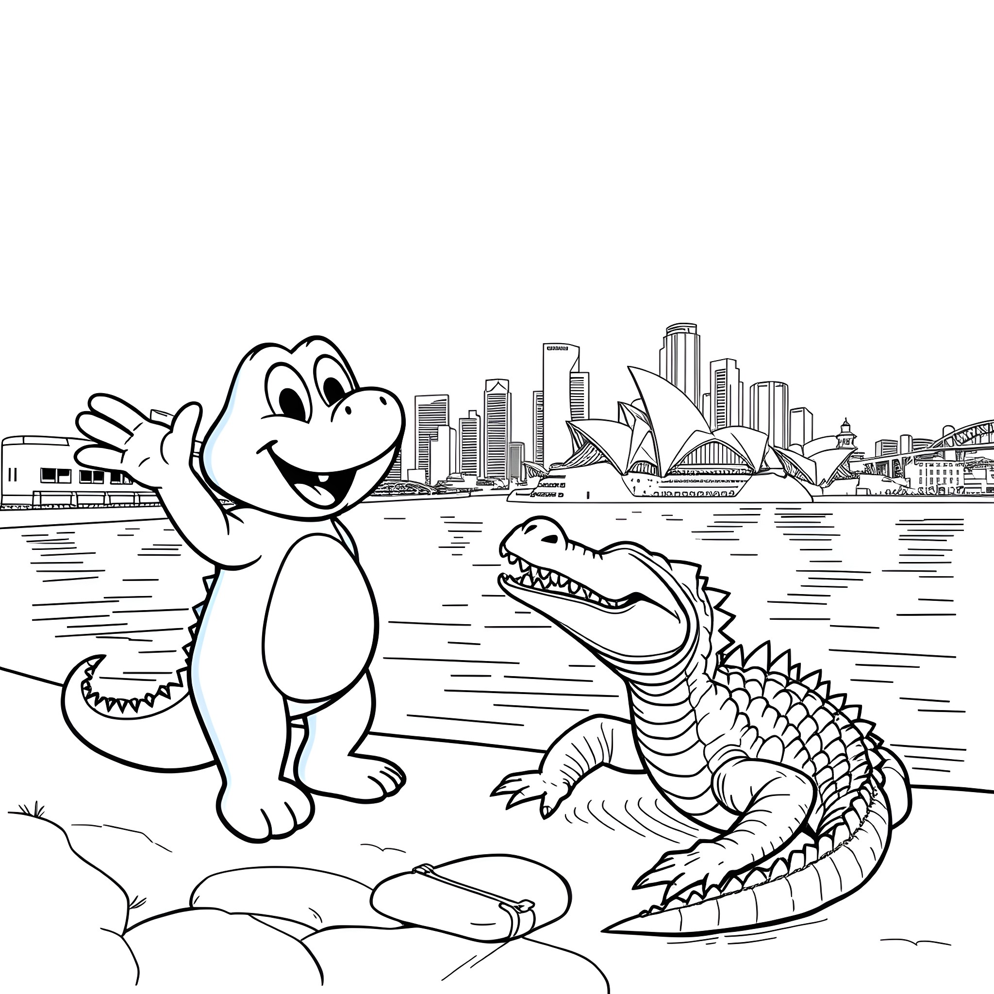 Bluey exploring the Sydney Harbor with a friendly alligator Coloring Page (free black-and-white line drawing printable PDF for all, from beginners to advanced learners, including children, teens, adults, and seniors)