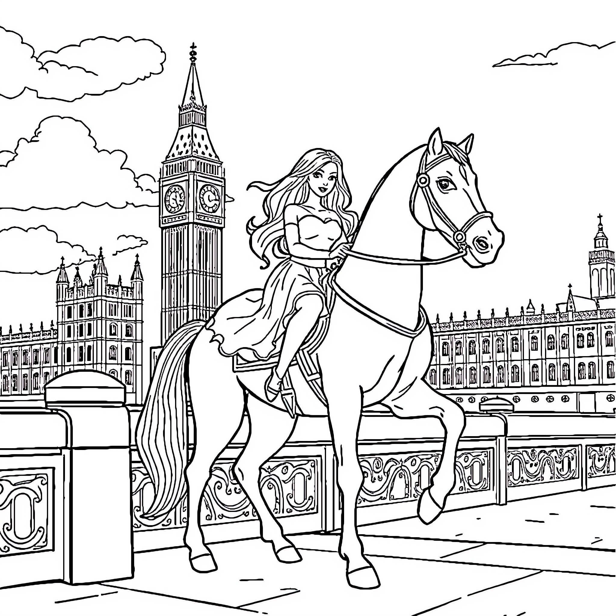 Barbie riding a horse in front of a historic city landmark Coloring Page (free black-and-white line drawing printable PDF for all, from beginners to advanced learners, including children, teens, adults, and seniors)