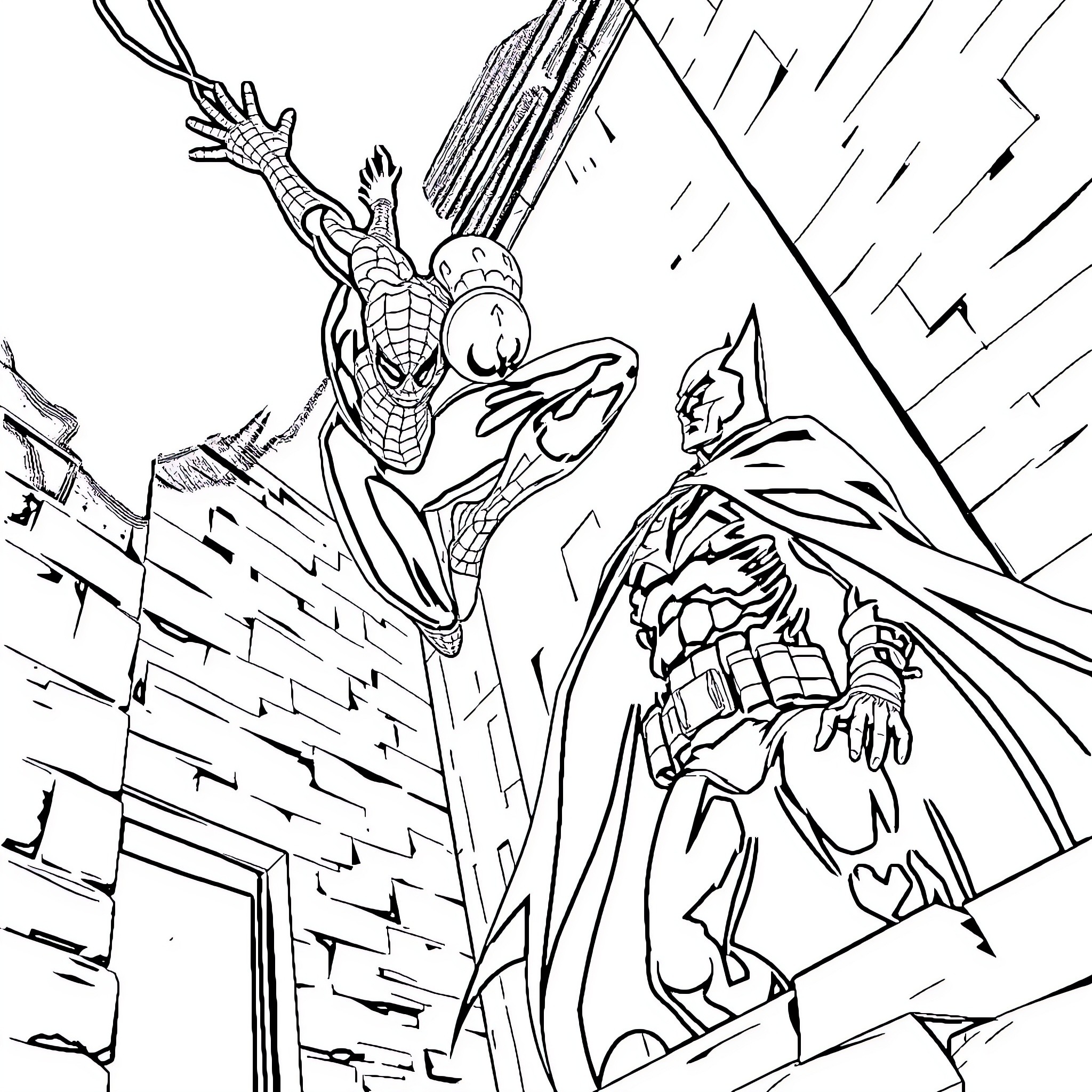 Spiderman and Batman in action-packed scene Coloring Page (free black-and-white line drawing printable PDF for all, from beginners to advanced learners, including children, teens, adults, and seniors)