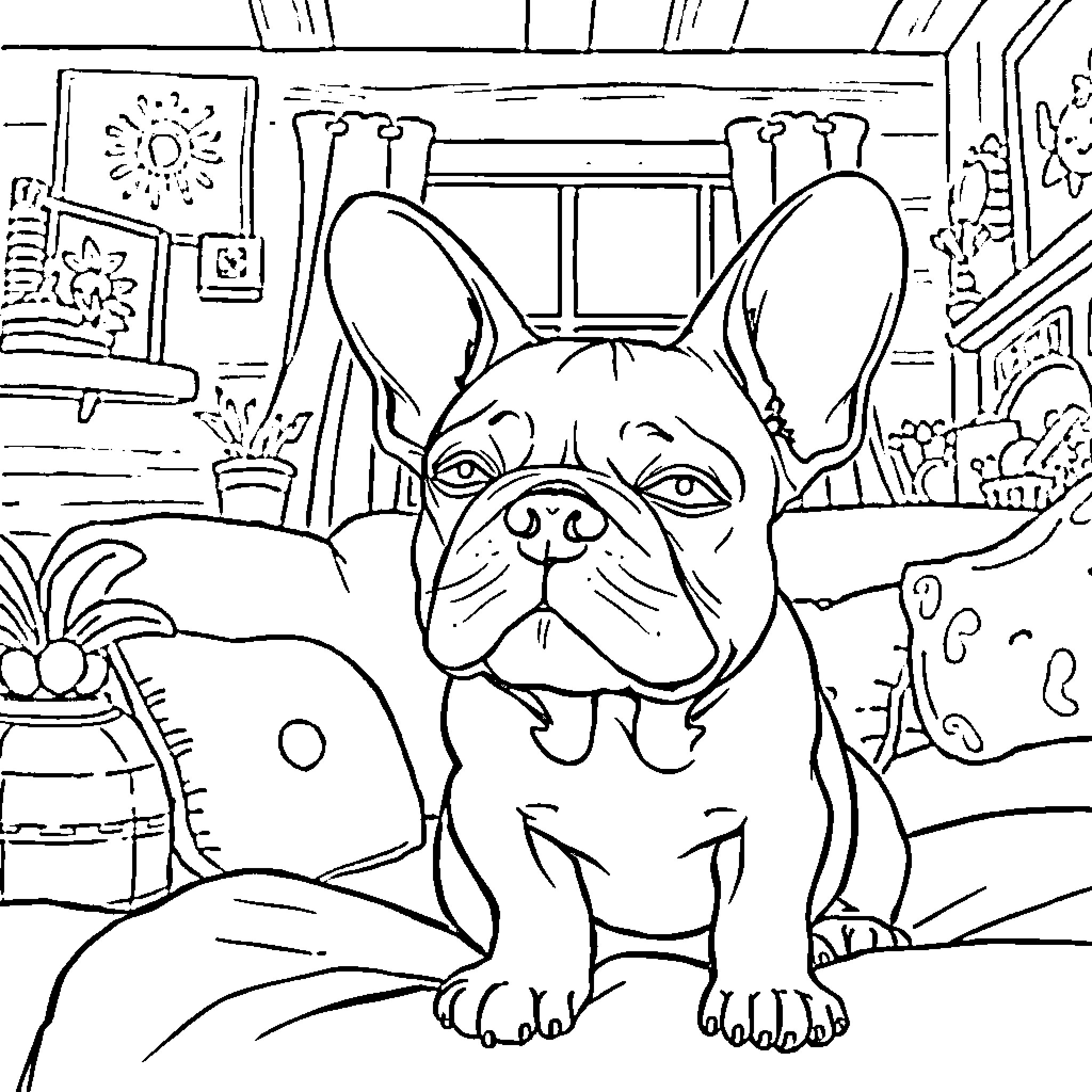 French Bulldog relaxing in cozy home environment Coloring Page (free black-and-white line drawing printable PDF for all, from beginners to advanced learners, including children, teens, adults, and seniors)