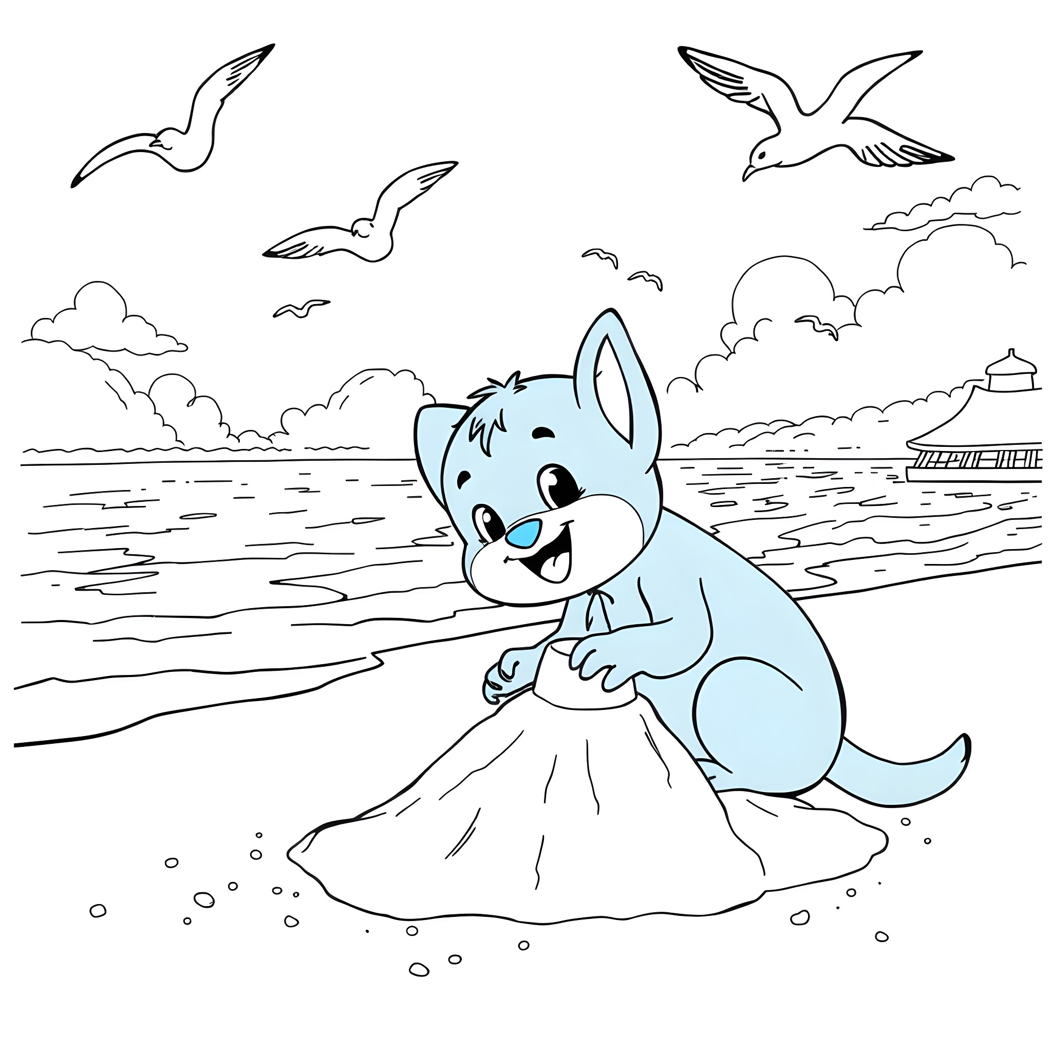 Bluey playing joyfully by the sea Coloring Page (free black-and-white line drawing printable PDF for all, from beginners to advanced learners, including children, teens, adults, and seniors)