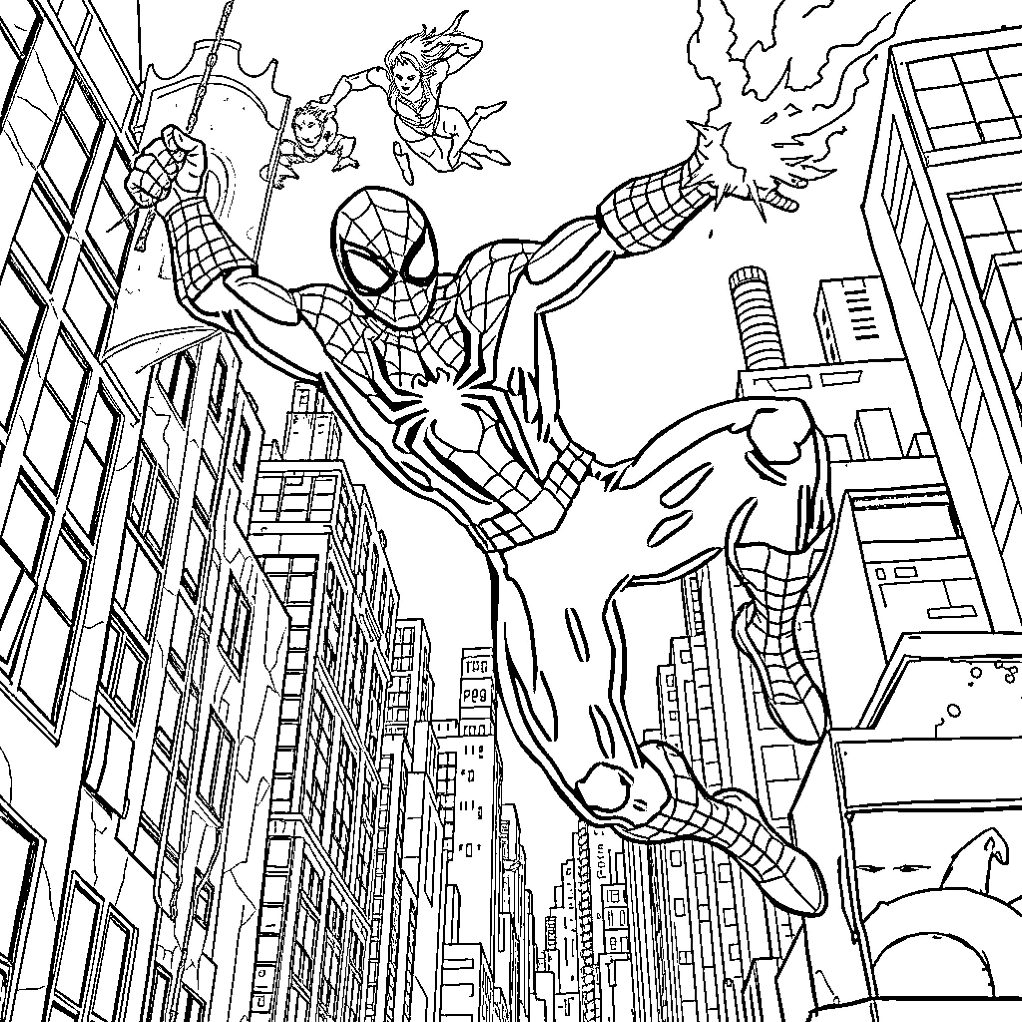 Spiderman swinging through the city with fellow heroes Coloring Page (free black-and-white line drawing printable PDF for all, from beginners to advanced learners, including children, teens, adults, and seniors)