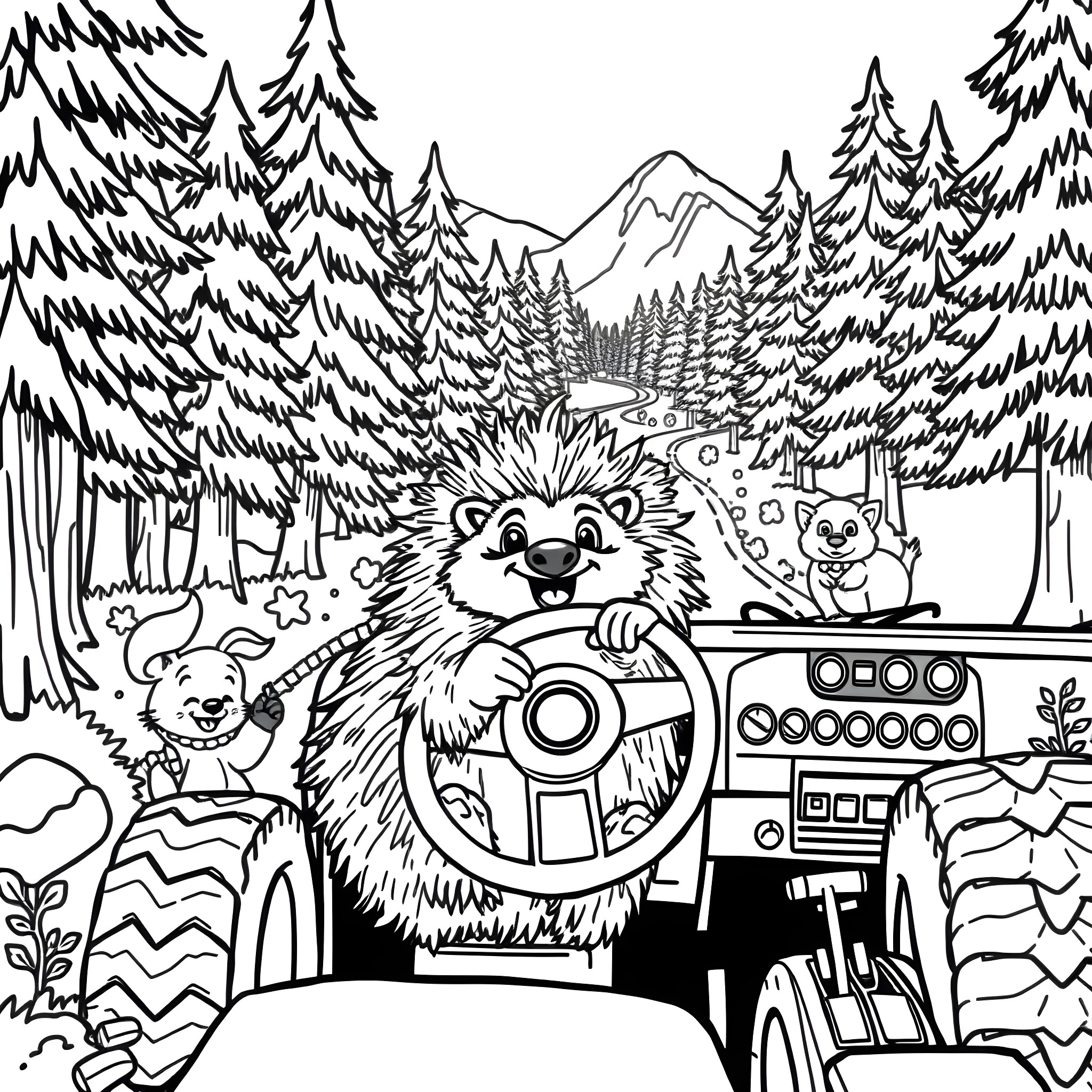 Porcupine driving a forest vehicle with animal friends Coloring Page (free black-and-white line drawing printable PDF for all, from beginners to advanced learners, including children, teens, adults, and seniors)