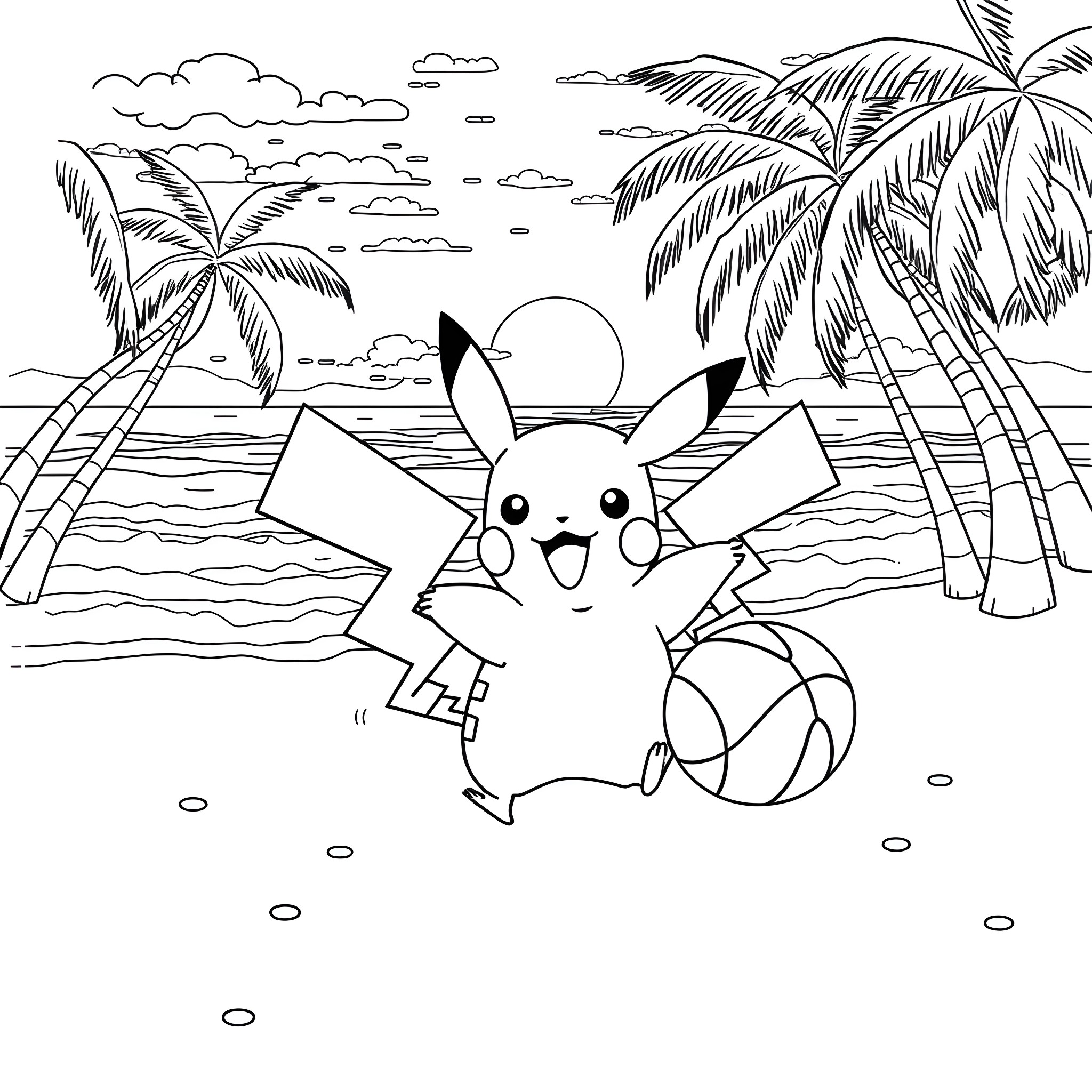 Pikachu enjoying a beach day Coloring Page (free black-and-white line drawing printable PDF for all, from beginners to advanced learners, including children, teens, adults, and seniors)