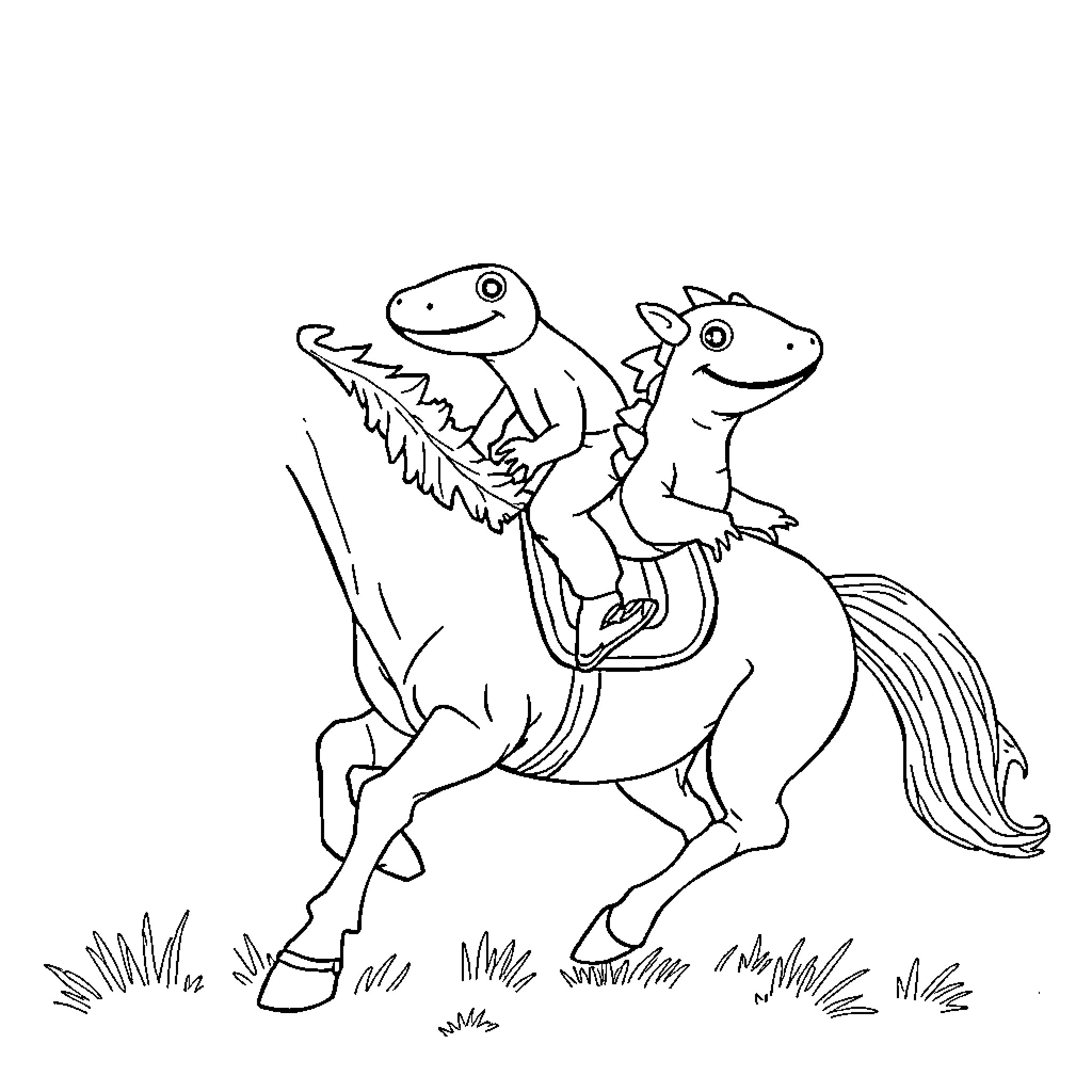 Axolotls riding a horse playfully Coloring Page (free black-and-white line drawing printable PDF for all, from beginners to advanced learners, including children, teens, adults, and seniors)