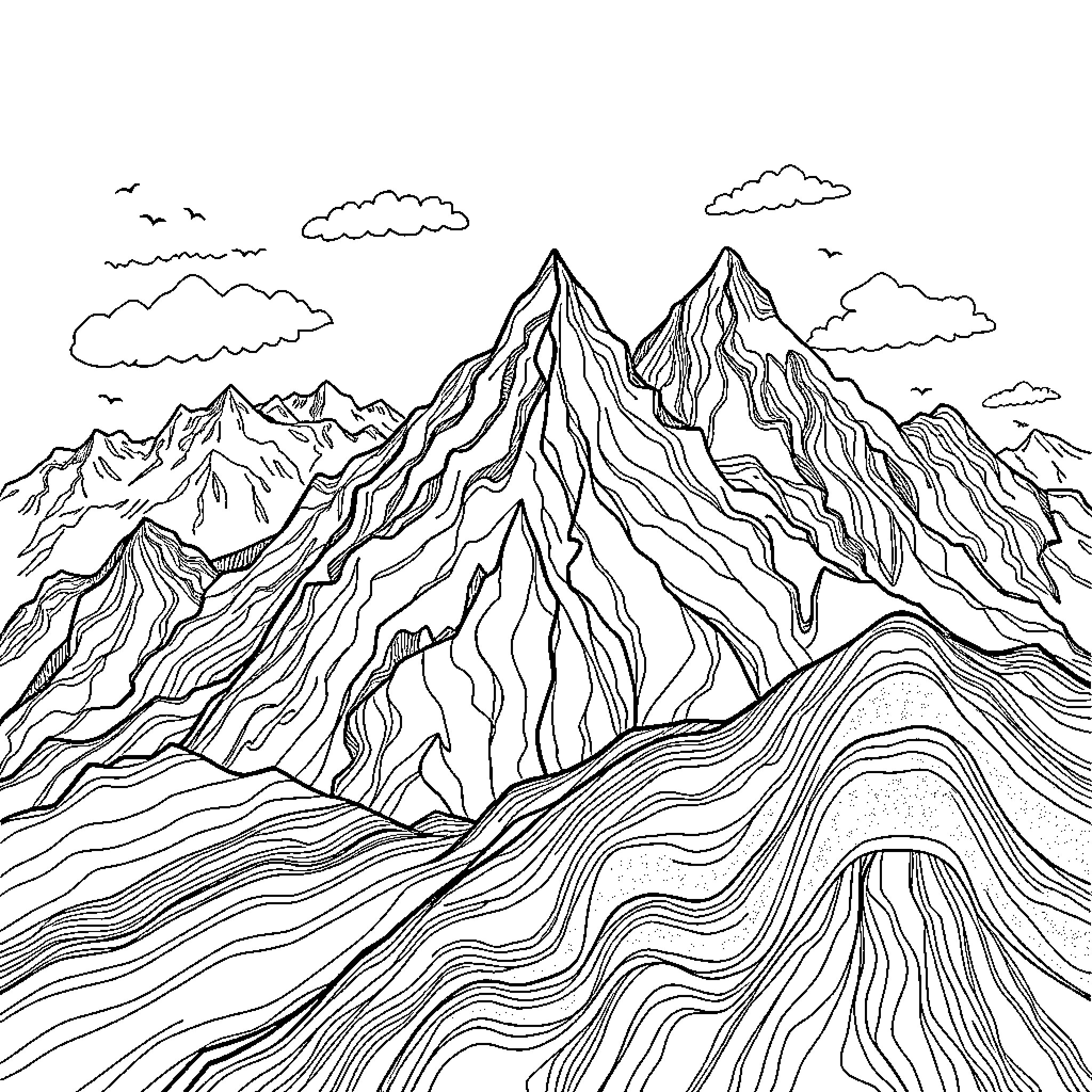 Graph of Majestic Mountain Landscape Coloring Page (free black-and-white line drawing printable PDF for all, from beginners to advanced learners, including children, teens, adults, and seniors)