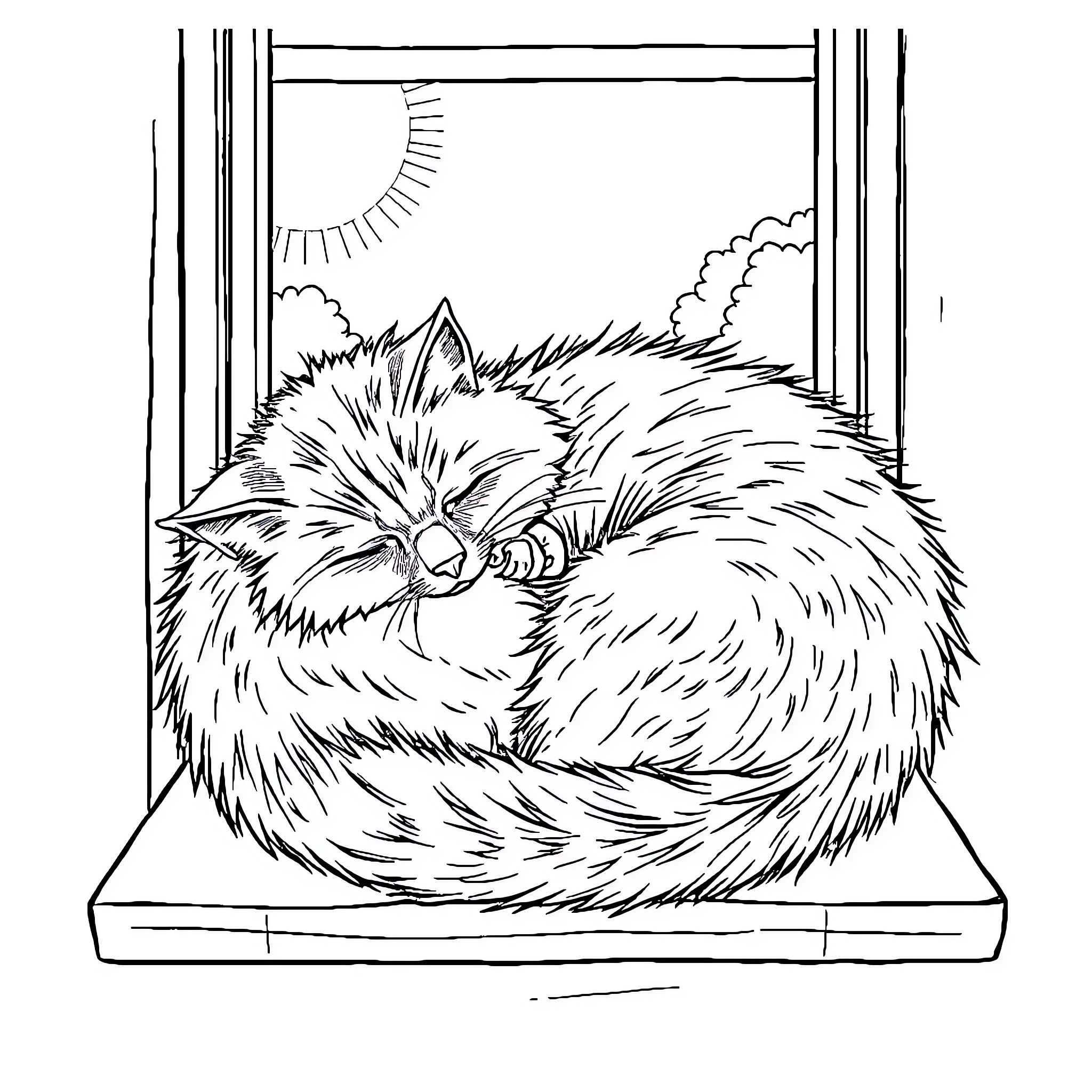 Cat napping peacefully in the window Coloring Page (free black-and-white line drawing printable PDF for all, from beginners to advanced learners, including children, teens, adults, and seniors)
