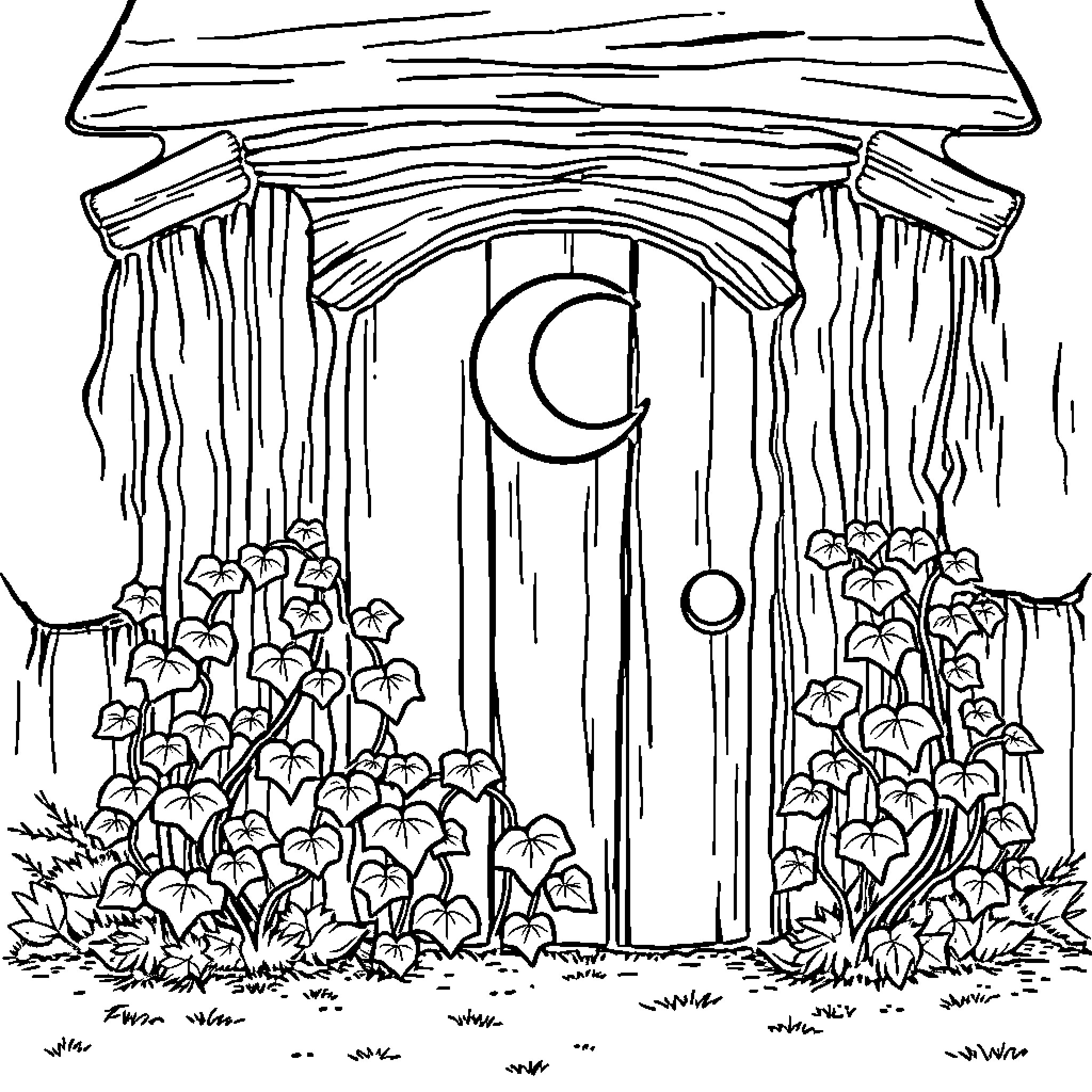 Outhouse in a whimsical forest setting Coloring Page (free black-and-white line drawing printable PDF for all, from beginners to advanced learners, including children, teens, adults, and seniors)