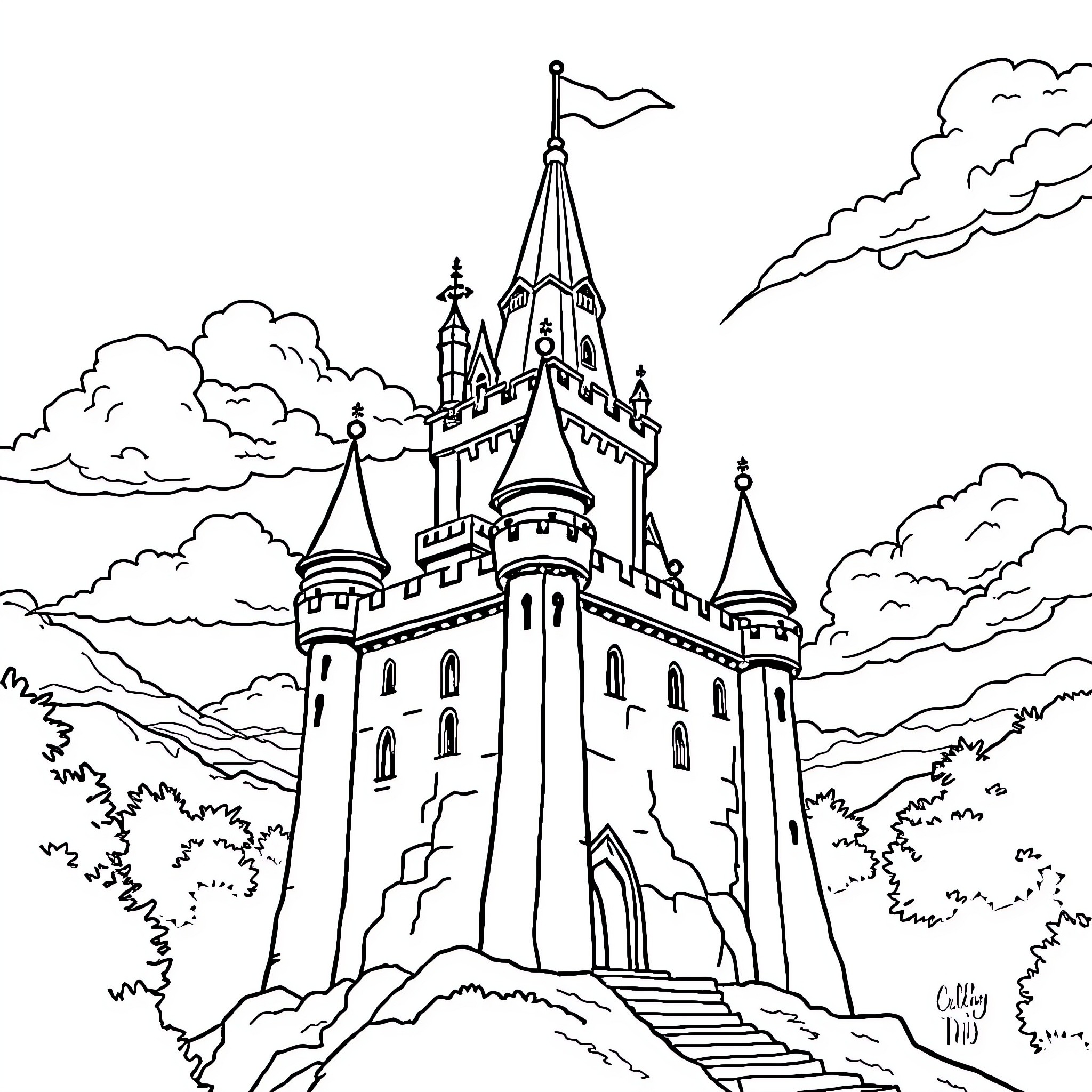 Castle on a Hill with Pointed Towers and Flags Coloring Page (free black-and-white line drawing printable PDF for all, from beginners to advanced learners, including children, teens, adults, and seniors)