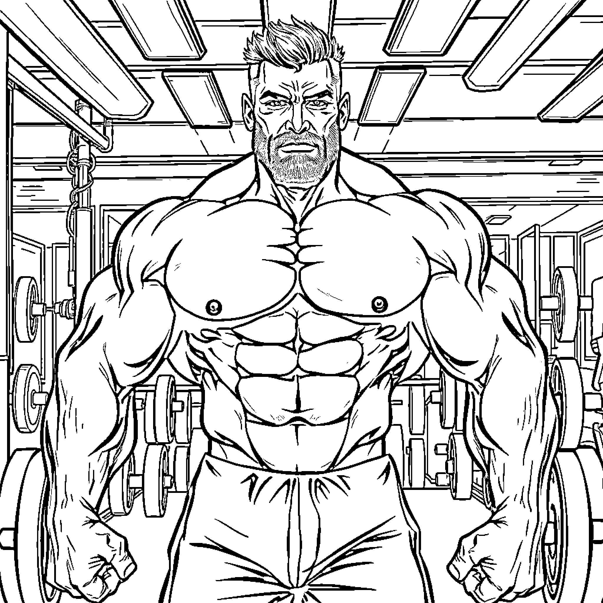 Bodybuilder flexing muscles in gym setting Coloring Page (free black-and-white line drawing printable PDF for all, from beginners to advanced learners, including children, teens, adults, and seniors)