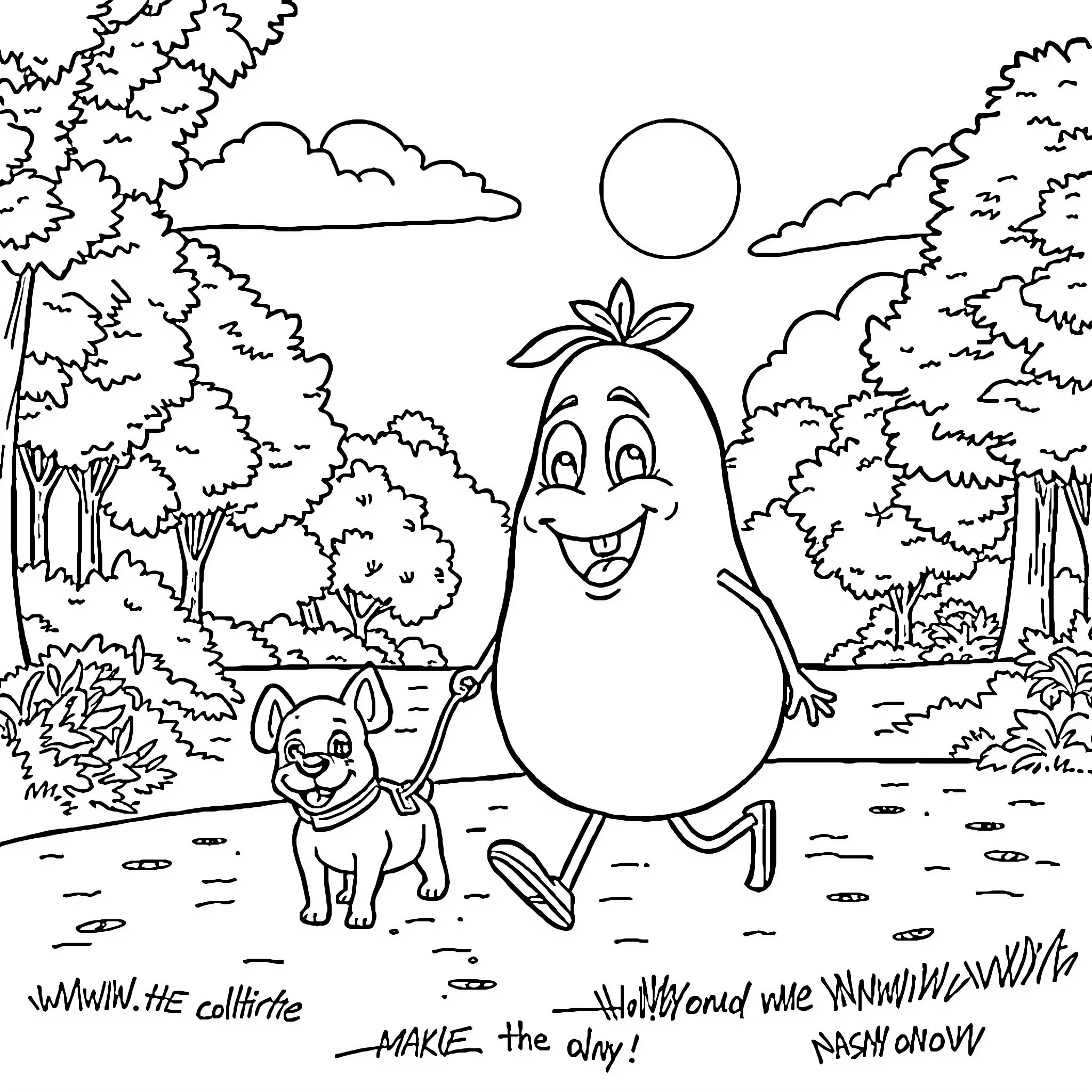Potato characters exploring the outdoors Coloring Page (free black-and-white line drawing printable PDF for all, from beginners to advanced learners, including children, teens, adults, and seniors)