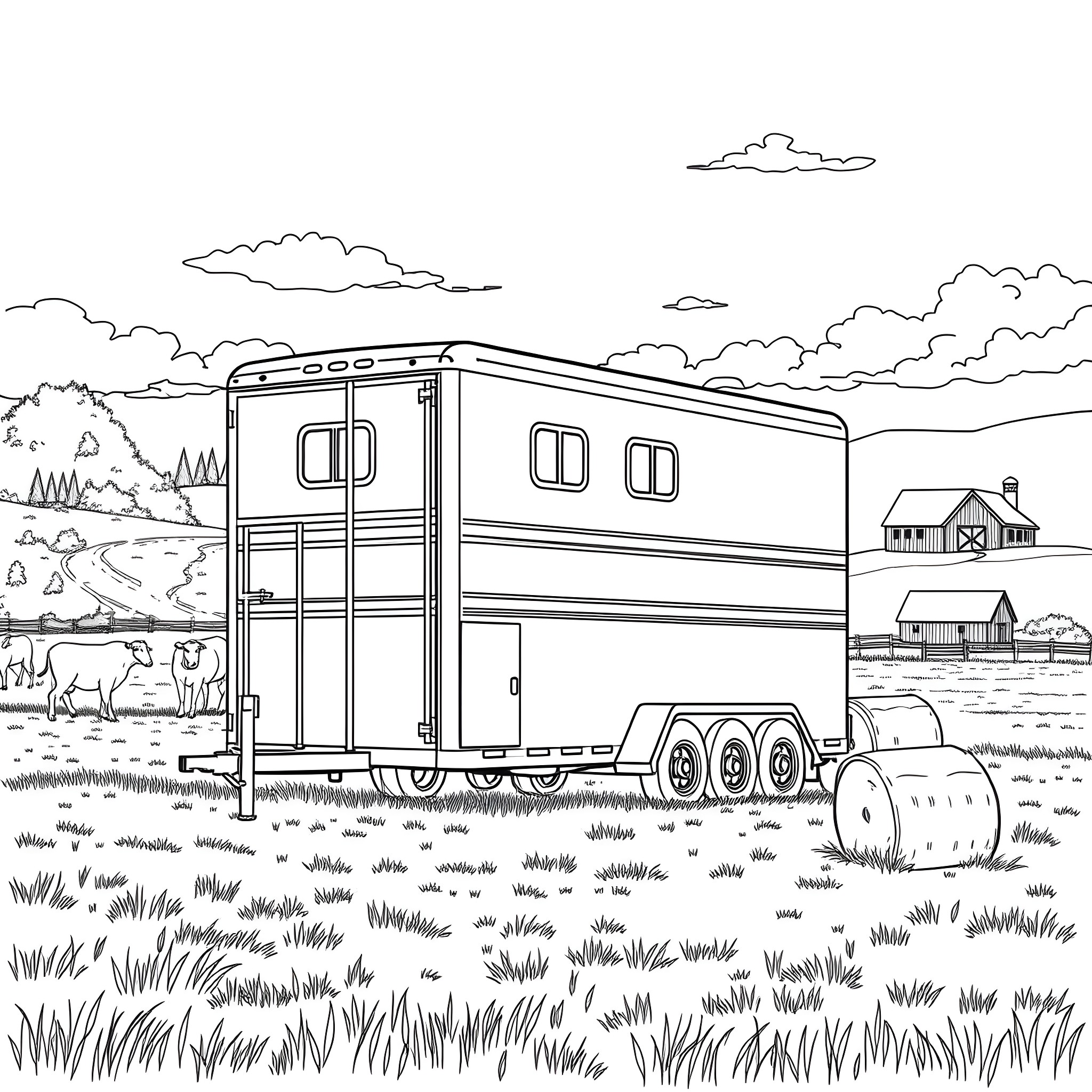 Gooseneck Trailer on a rural landscape Coloring Page (free black-and-white line drawing printable PDF for all, from beginners to advanced learners, including children, teens, adults, and seniors)
