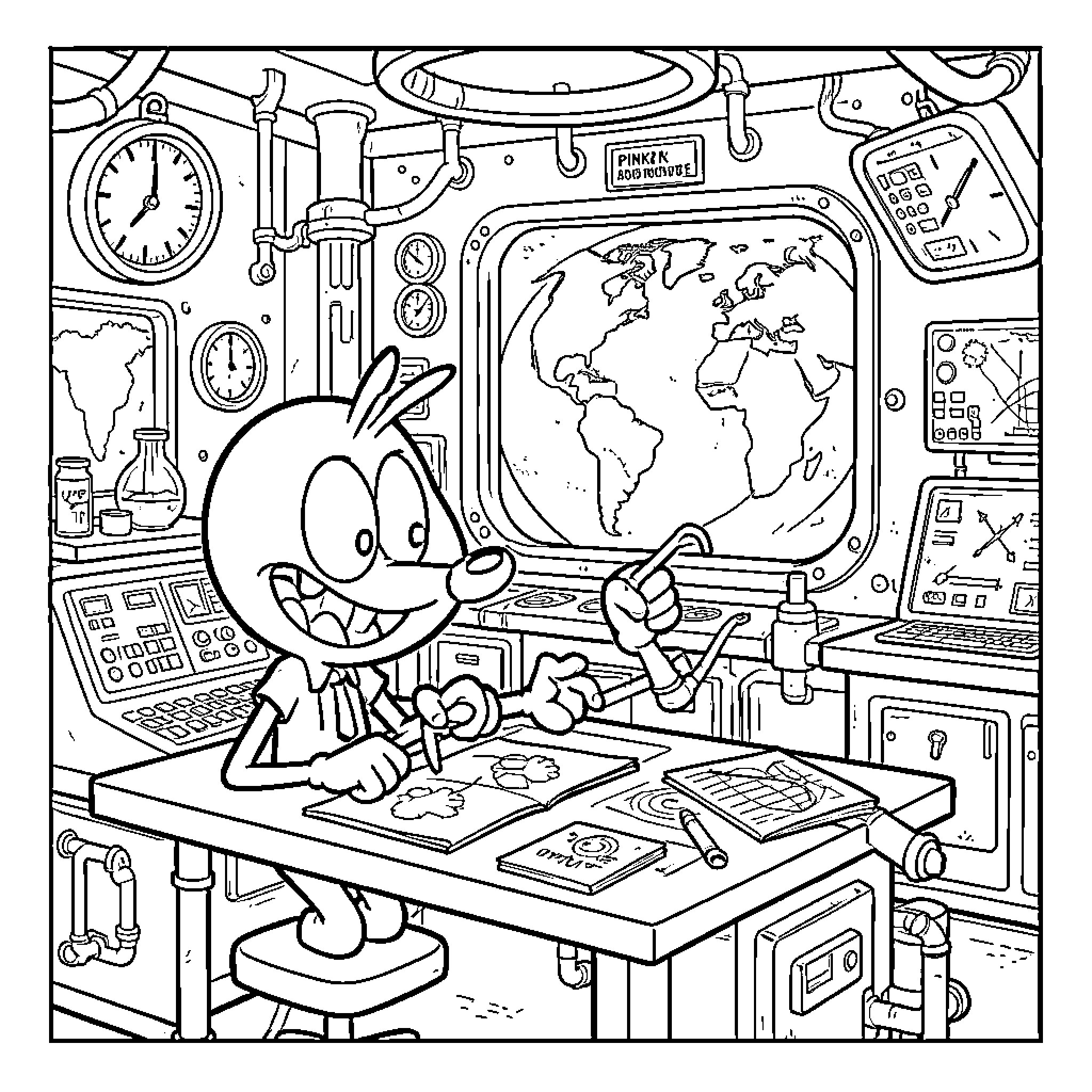 Pinky and the Brain plan world domination in laboratory Coloring Page (free black-and-white line drawing printable PDF for all, from beginners to advanced learners, including children, teens, adults, and seniors)