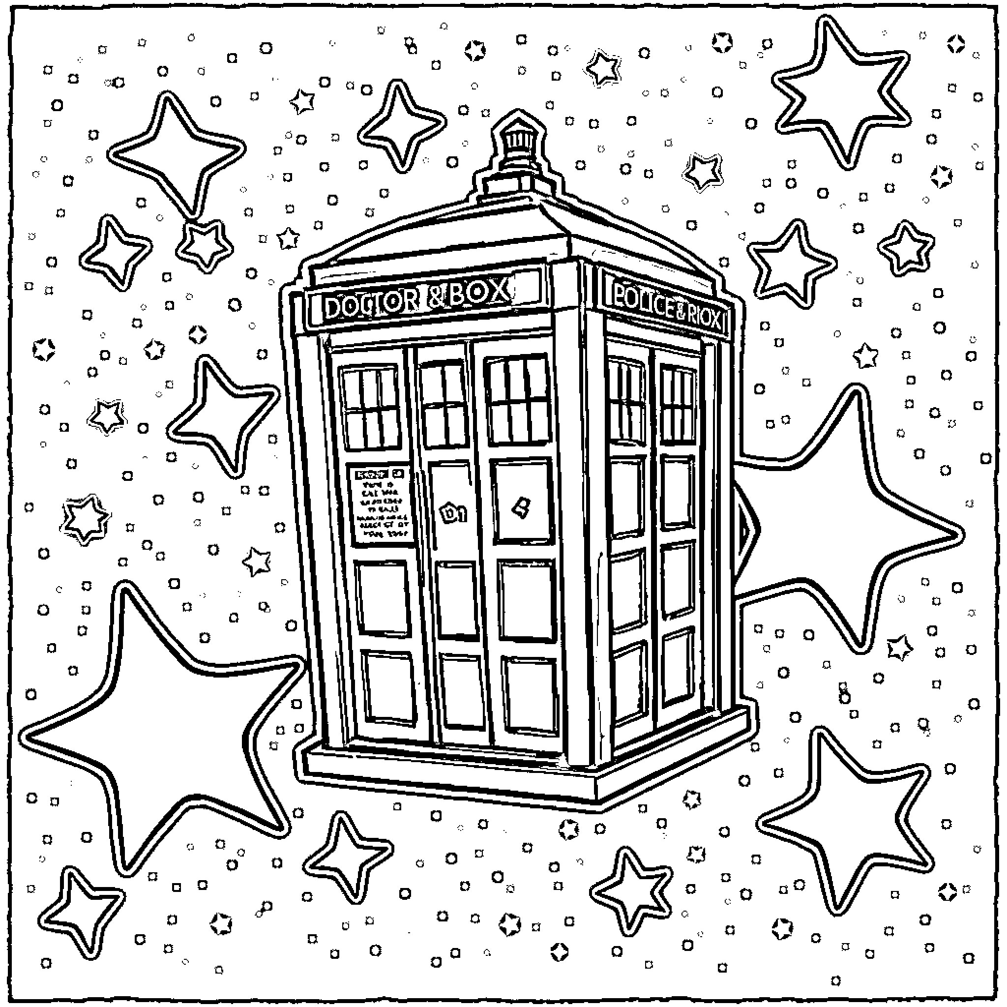 Doctor's Starry Night with Telephone Booth Coloring Page (free black-and-white line drawing printable PDF for all, from beginners to advanced learners, including children, teens, adults, and seniors)