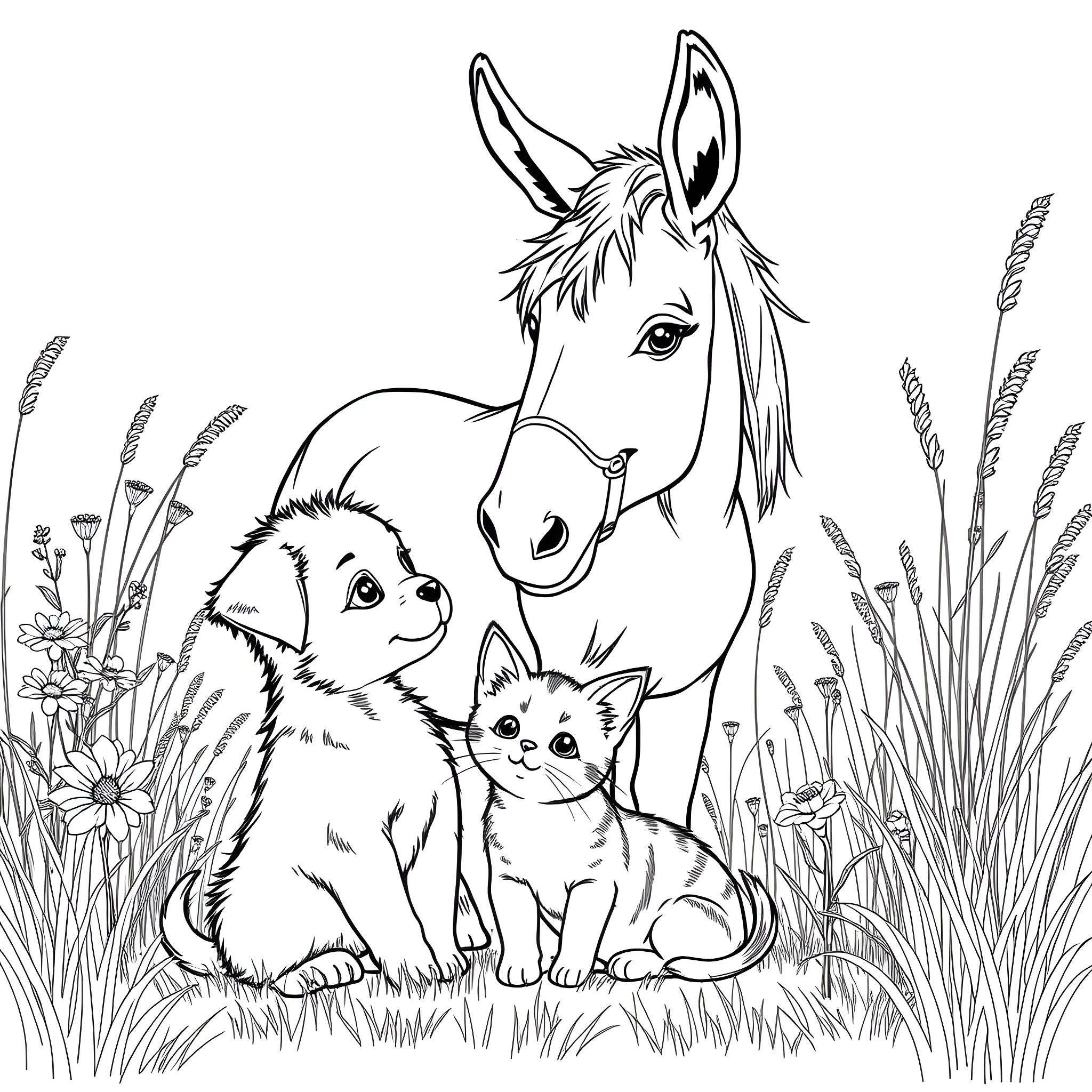 Puppy, kitten, and donkey playing together in a field Coloring Page (free black-and-white line drawing printable PDF for all, from beginners to advanced learners, including children, teens, adults, and seniors)