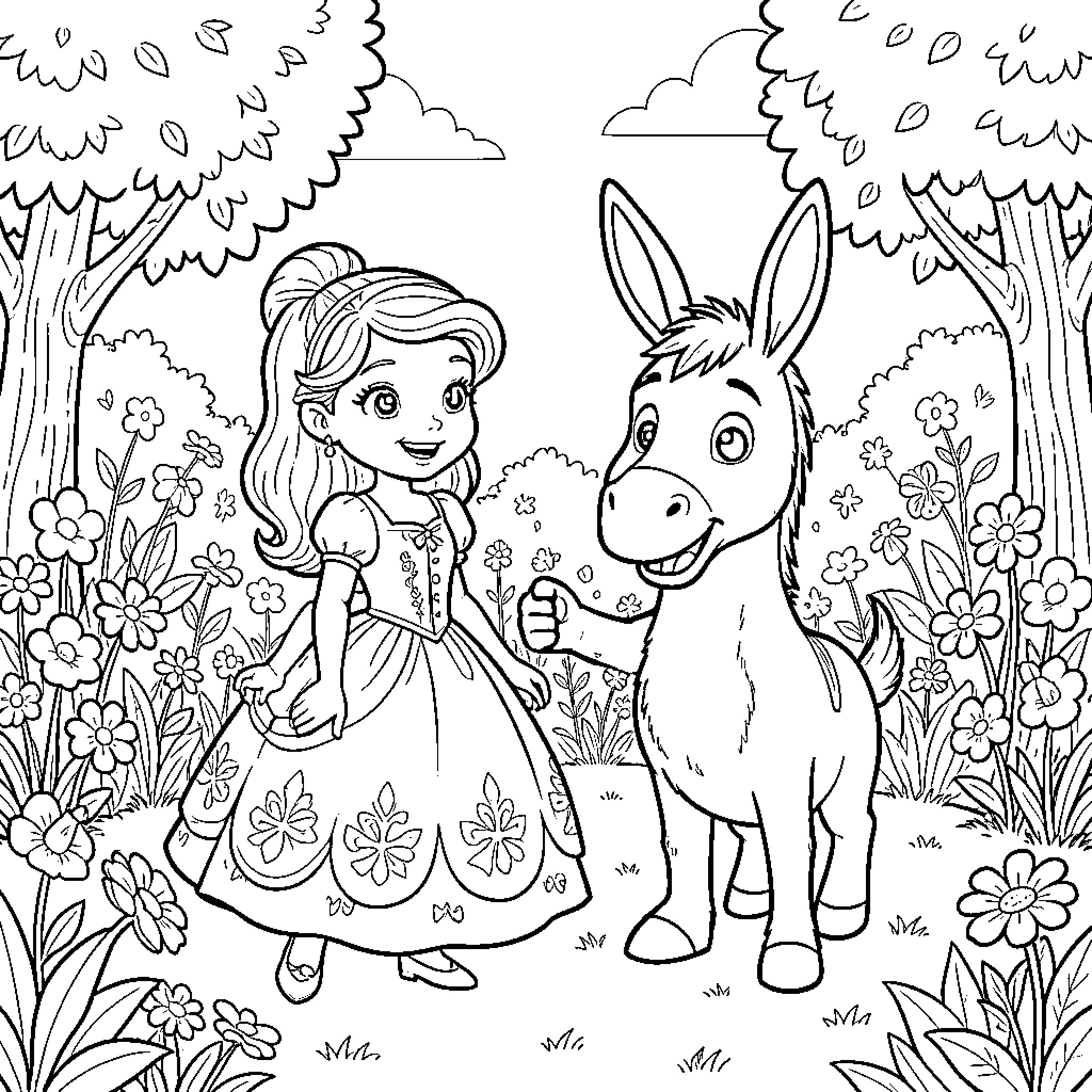 Sofia smiling while standing next to a friendly donkey Coloring Page (free black-and-white line drawing printable PDF for all, from beginners to advanced learners, including children, teens, adults, and seniors)