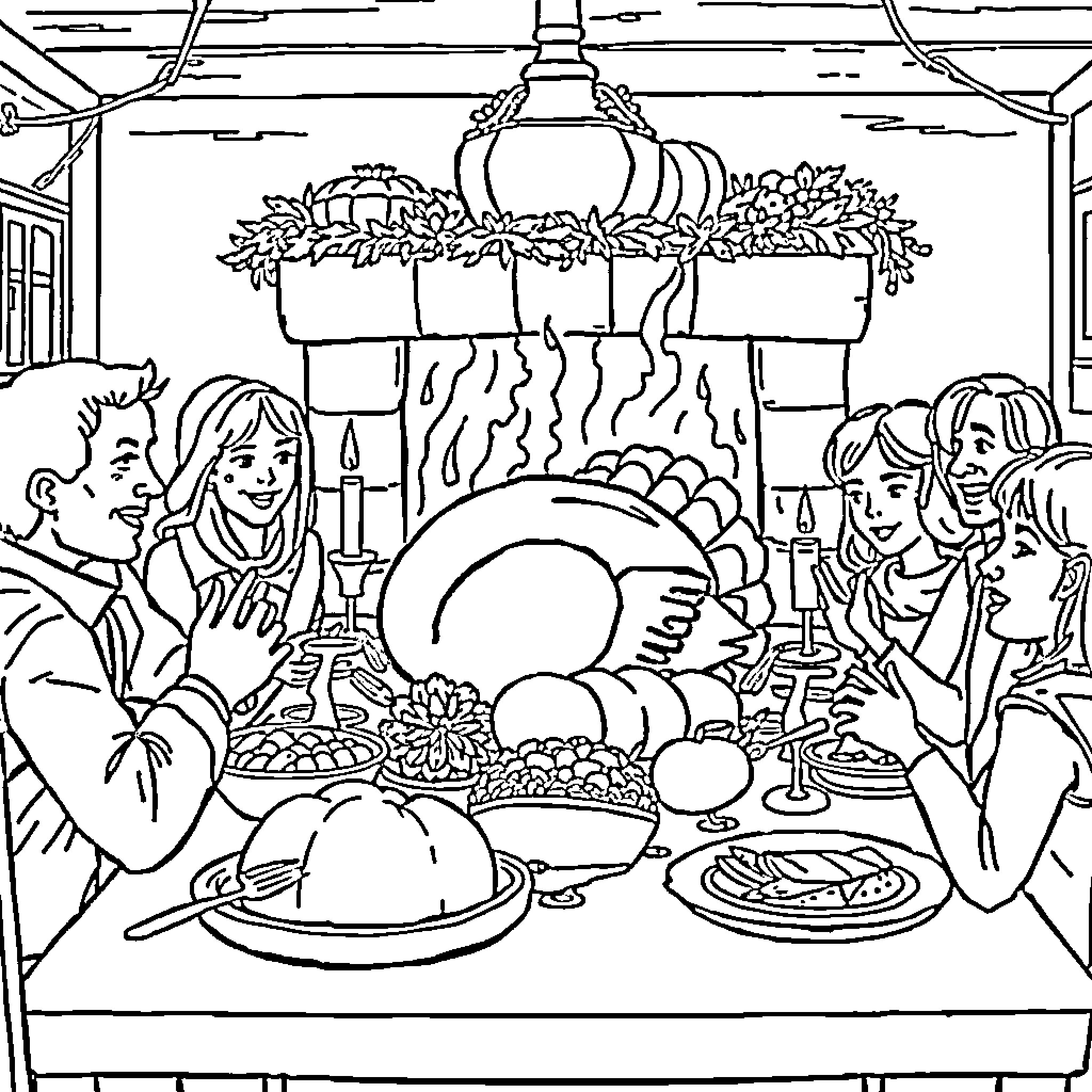 Thanksgiving Family Gathering with Festive Decor Coloring Page (free black-and-white line drawing printable PDF for all, from beginners to advanced learners, including children, teens, adults, and seniors)