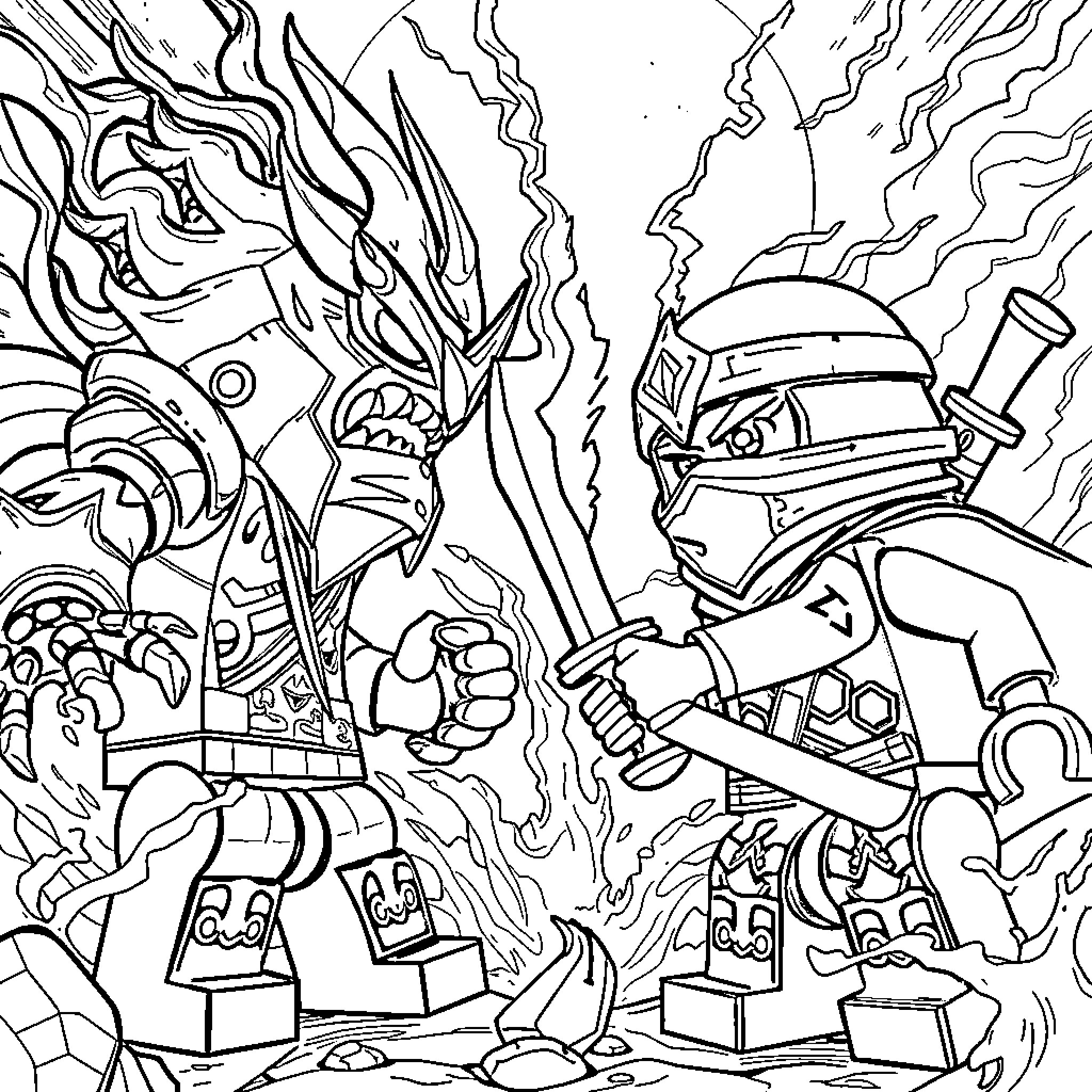 Ninjago characters in an intense battle scene Coloring Page (free black-and-white line drawing printable PDF for all, from beginners to advanced learners, including children, teens, adults, and seniors)