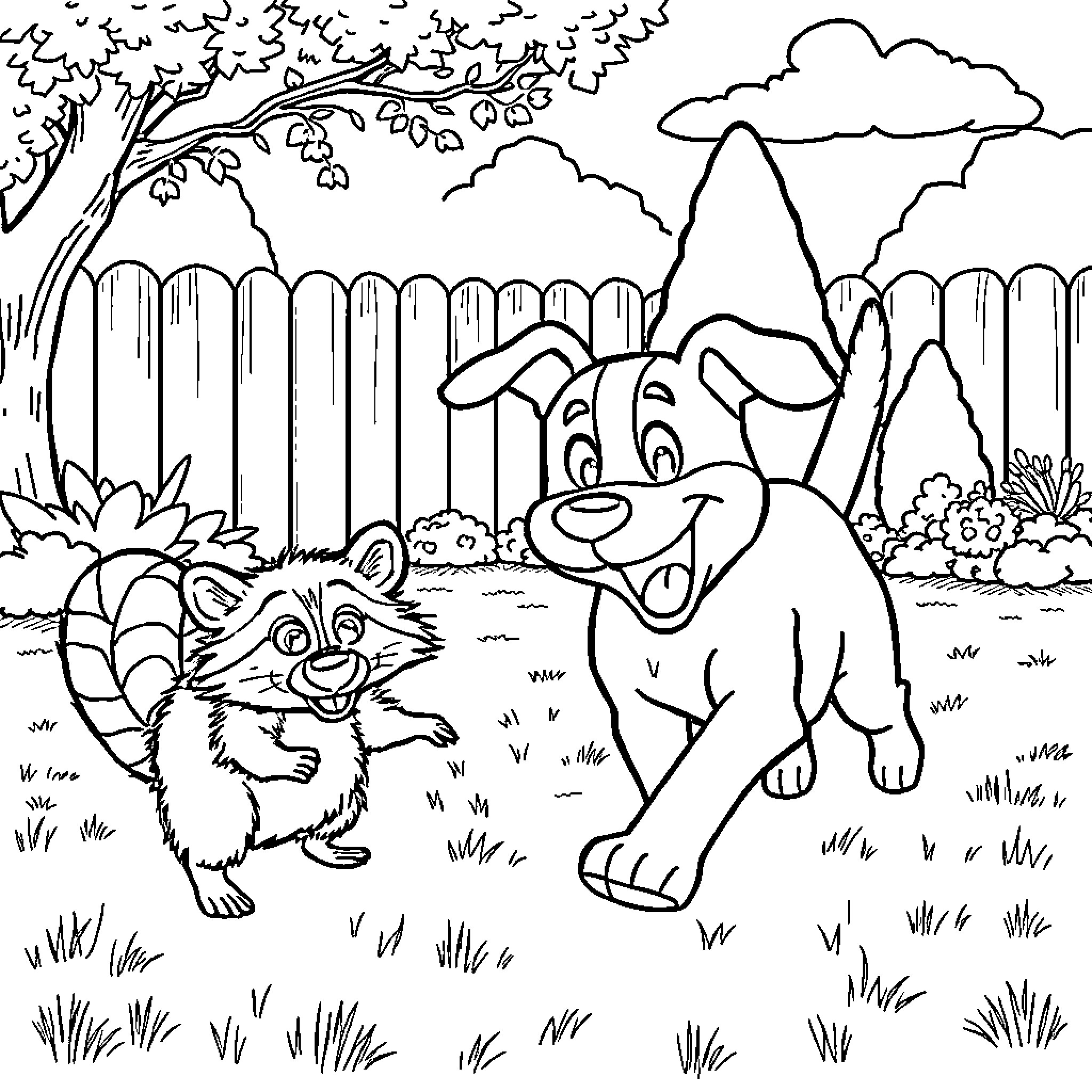 Dog and Raccoon Playing in the Park Coloring Page (free black-and-white line drawing printable PDF for all, from beginners to advanced learners, including children, teens, adults, and seniors)