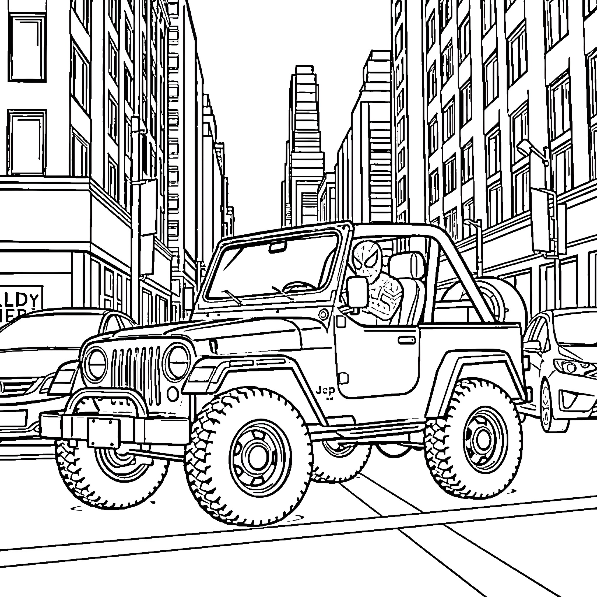 Spiderman drives rugged off-road vehicle in urban cityscape Coloring Page (free black-and-white line drawing printable PDF for all, from beginners to advanced learners, including children, teens, adults, and seniors)