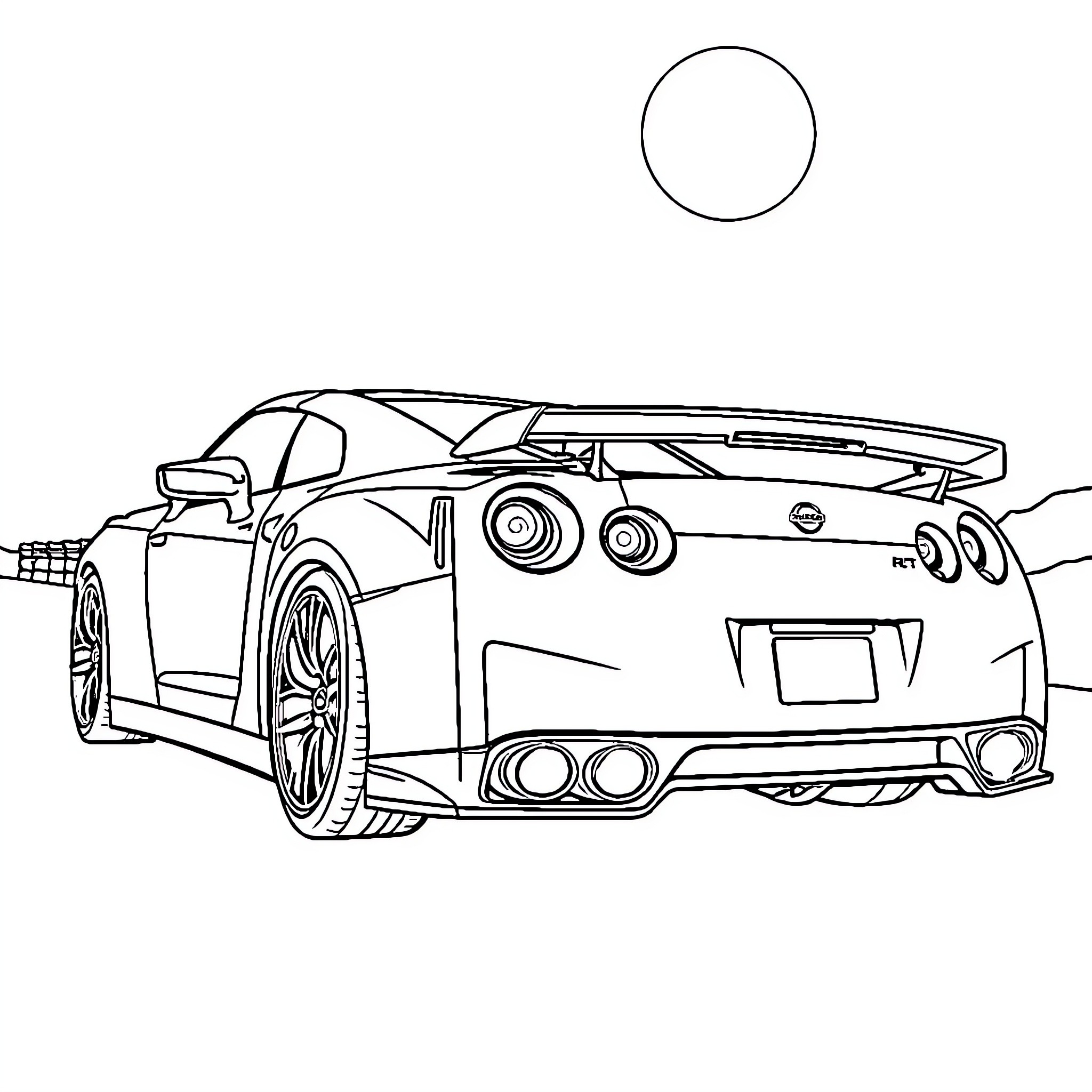 Nissan sports car in motion with rear view Coloring Page (free black-and-white line drawing printable PDF for all, from beginners to advanced learners, including children, teens, adults, and seniors)